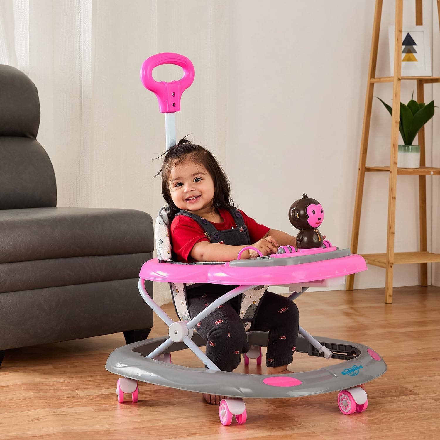 Amazon Brand - Supples Baby Activity Walker with Parental Handle | BIS Certified | 3-Level Height Adjustment, Convertible Toy & Food Tray, Music, 360° Rotating Wheels | for 9+ Months | Grey & Pink