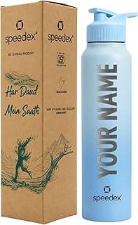 Speedex Customised Stainless Steel Water Bottle 1 Ltr with Name – Personalised Engraved Sipper Cap Bottle for Kids, Men & Women, School, Gym, Office Dual Blue, Set of 1