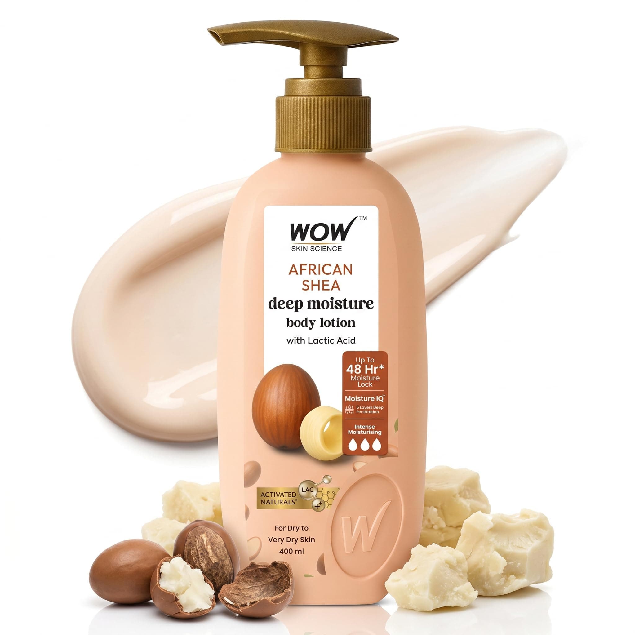 WOW Skin Science Shea Butter With Lactic Acid Body Lotion | Hydrates Very Dry Skin | Long Lasting 48 hrs Moisturization | Smoothens Rough, Flaky Skin | Calms Itchy Skin - 400ml