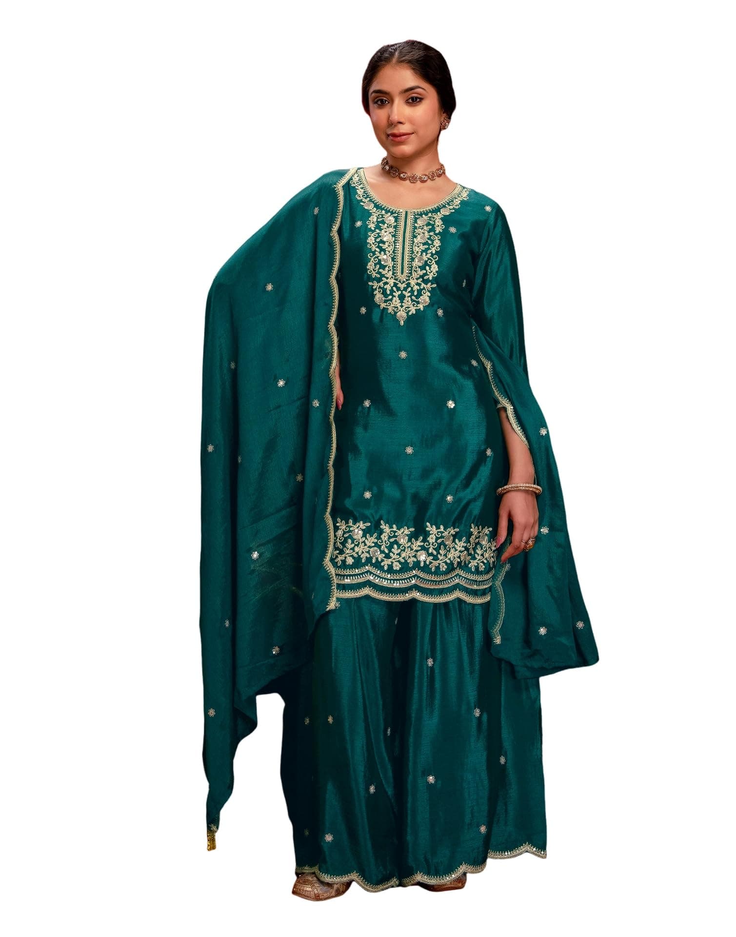 SKYLEE Women's Chinnon Embroidered Anarkali Kurta Set with Dupatta