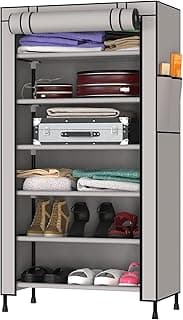 MYARMOR 1 Door Multipurpose Foldable Wardrobe for Clothes, Multipurpose Cupboard for Storage Rack Cabinet, Foldable, Collapsible Fabric Wardrobe Organizer for Clothes, 6 Shelves/Cabin - Grey