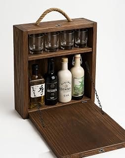Wall Mounted Liquor Cabinet with Drop Down Table – Rustic Wood Murphy Bar with Glass Storage – Fold Down Wall Bar for Home, Kitchen, Living Room or Dining Area – Brown Finish