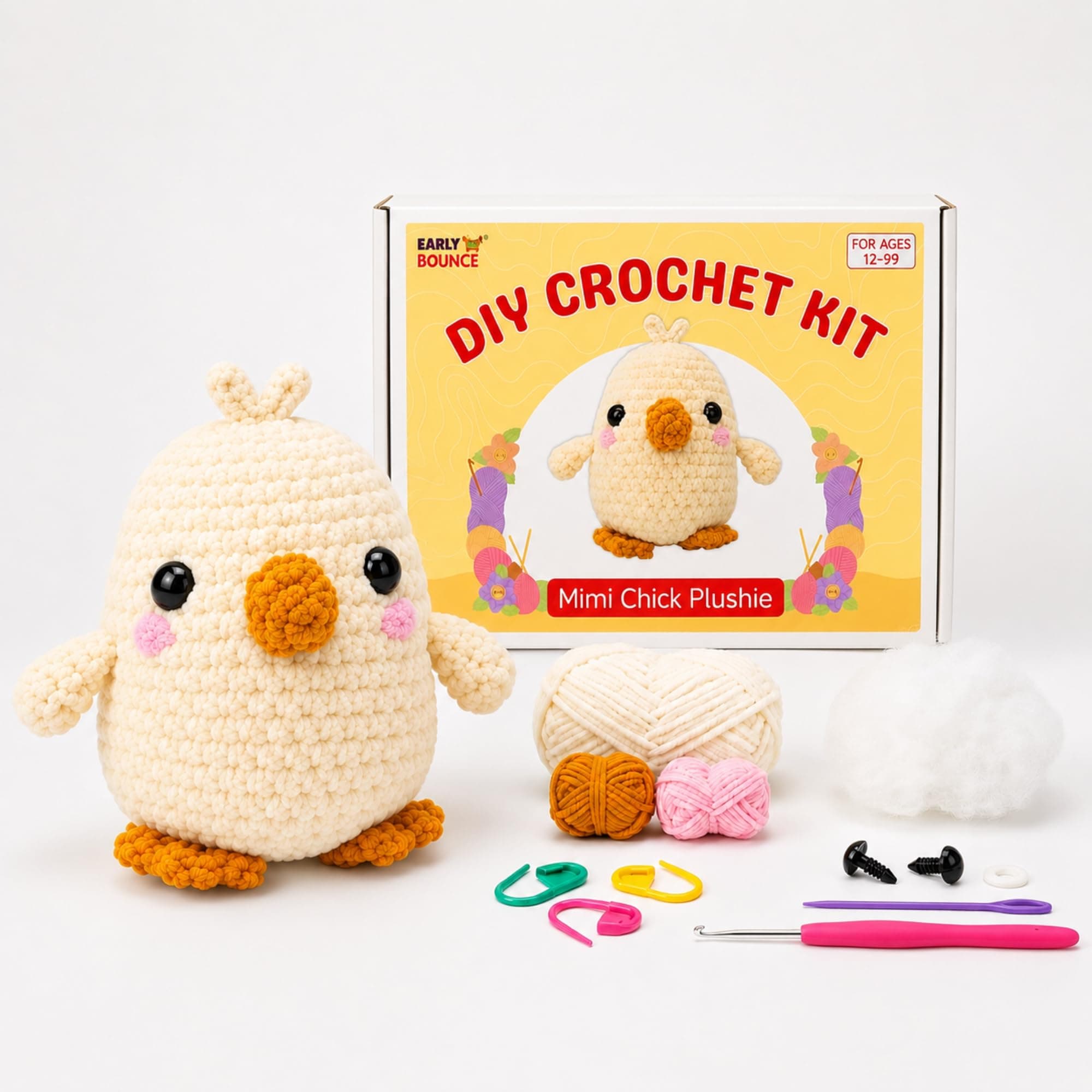 Early Bounce Crochet Kit for Beginners - Create Crochet Toys | Amigurumi DIY Kit | DIY Crochet Kit with Yarns, Eyes, Hook, Stuffing & Step-by-Step Video | Mimi Chick Plushie | Easy Crochet Starter Kit for Adults & Kids