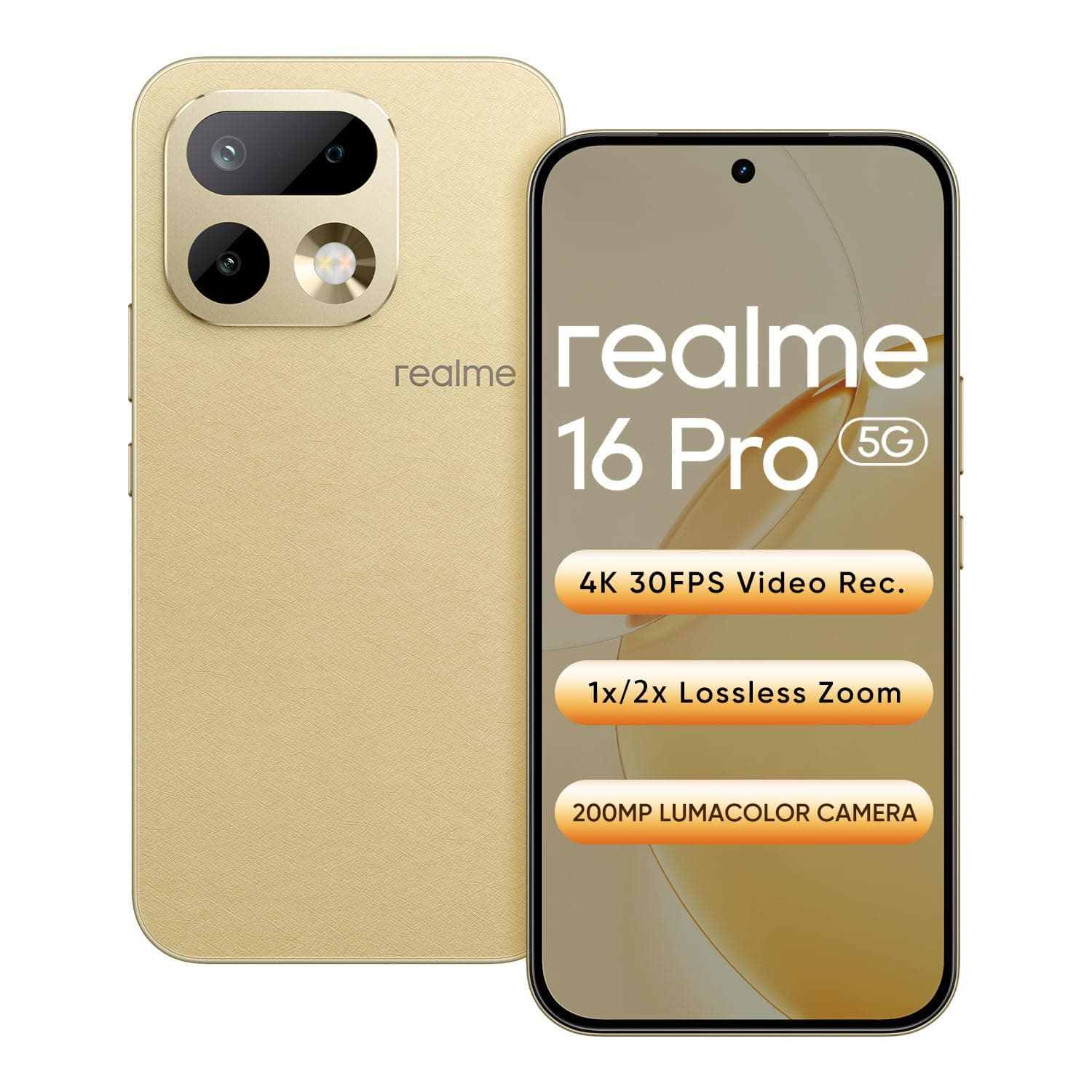realme 16 Pro 5G Smartphone 8+256GB Gold, 6.78-Inch Screen, 144Hz AMOLED Display,7000mAh Battery,80W SuperVOOC, Rear 200MP+Front 50MP Camera, MediaTek 7300-Max Processor,IP69