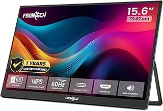 FRONTECH 15.6" Portable LED Monitor, Full HD IPS, Dual Type-C & Mini HDMI, Built-in Speakers, 180° Stand, Works with Laptop/PS5/Switch/Phone, 1-Year Warranty (MON-0023)