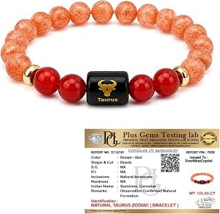 EverMineCrystal Taurus Zodiac Bracelet (वृषभ राशि) | Certified Crystal for Strength, Balance & Confidence | Original Sunstone & Carnelian stone | Astrology Bracelet for Man & Woman | Gift for Man & Woman