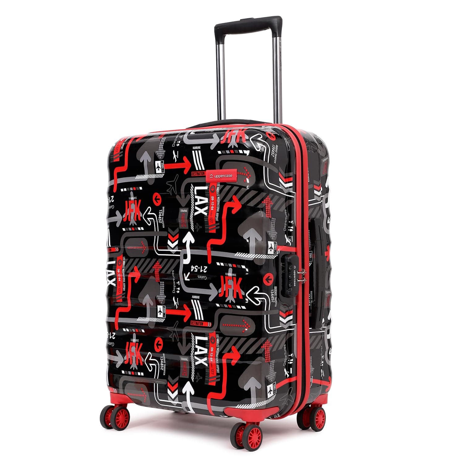 uppercase JFK (Medium) 66cms | Hardsided Check-in Trolley Bag for Travel |Eco Polycarbonate Printed Luggage | Combination Lock|8 Spinner Wheel Trolley Bag |Suitcase for Men & Women |(Black)