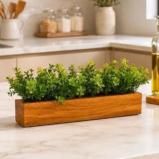 fancymart Artificial Gardenia Leaves Wooden Planter Realistic Faux Greenery Indoor Decoration Living Room Office Desk Table Shelf Decorative Arrangement