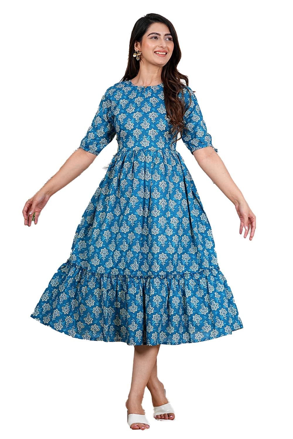 Monique Brand Women's/Girls Cotton Kurta for Women Floral Printed Regular Fit Anarkali Kurta ||Floral Flared Western Dress
