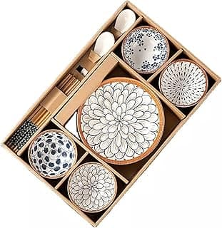 Japanese Ceramic Dinner Set 14 Pieces Ramen Bowl and Plates Set with 4 Bowls 2 Plates 4 Spoons 4 Chopsticks Microwave and Dishwasher Safe Crockery Set for Home and House Warming Gift