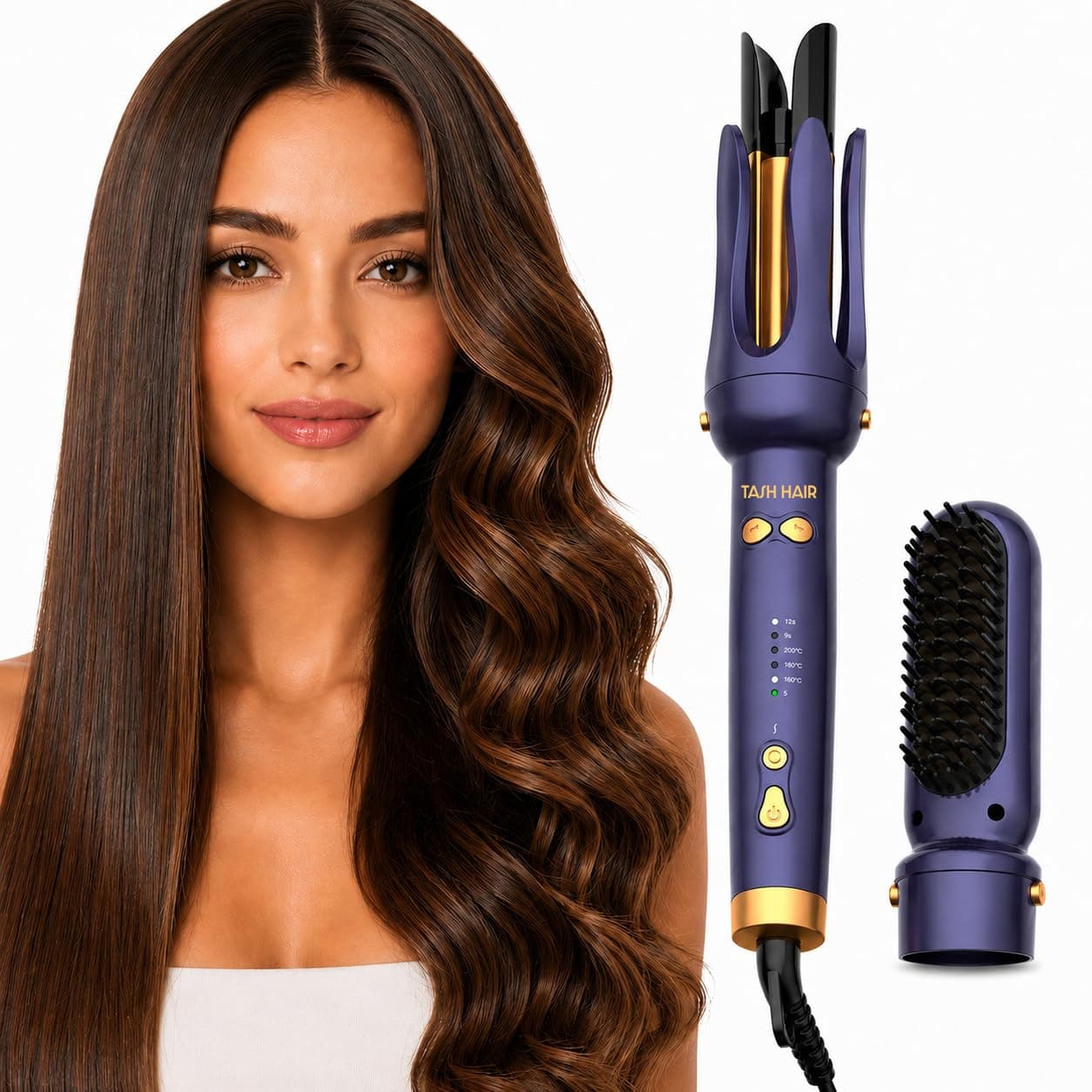 Tash Hair 2 in 1 Hair Curler Machine & Straightening Brush Combo for Women- 3 Heat Modes, 2 Curl Timers, Ionic Technology for Frizz-Free Finish, Automatic Inward & Outward Curling (1 Year Warranty)