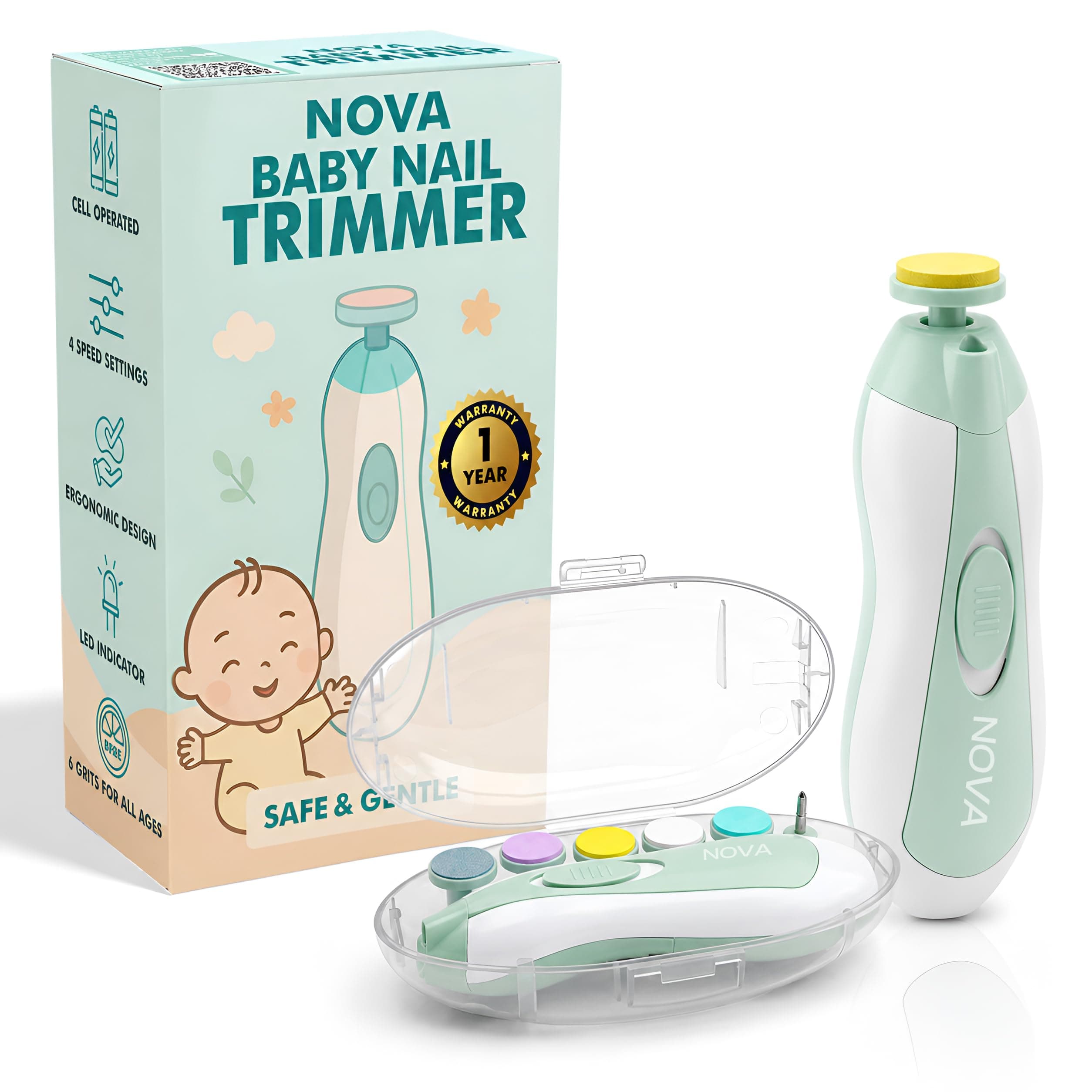 RARECARE Baby Nail Trimmer | New Born Essentials | Baby Nail Cutter New Born 0-12 Months with 6 Filer Heads Adjustment |1 Year Warranty |, Pink, White, 1 Count