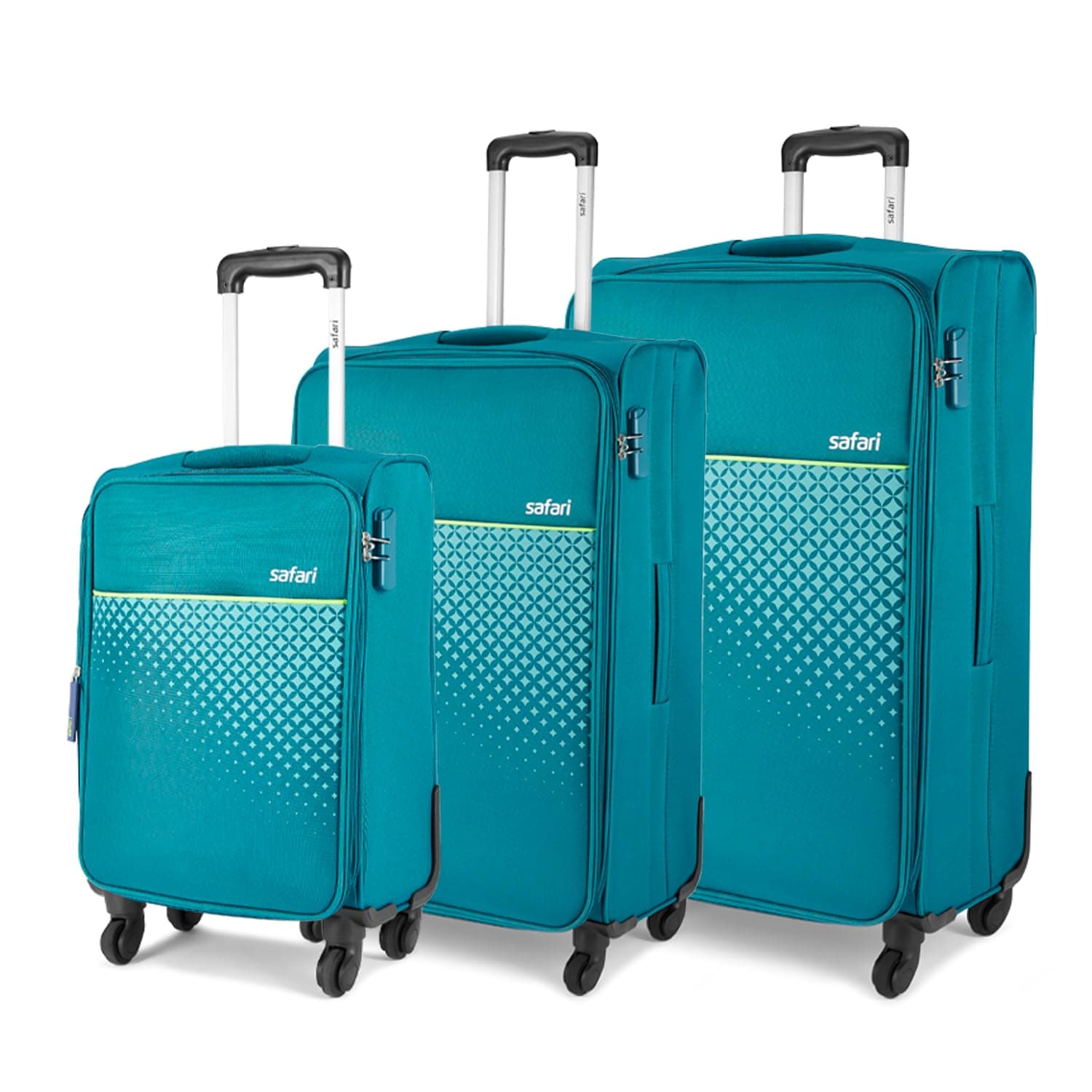 Safari Cabin Prisma Neo Set of 3 (+ Medium + Large) Trolley Bags Polyester Expandable Soft Luggage, 4 Wheels 360 Degree Wheeling, Travel Bag, Suitcase for Travel, Trolley Bags for Travel, Teal