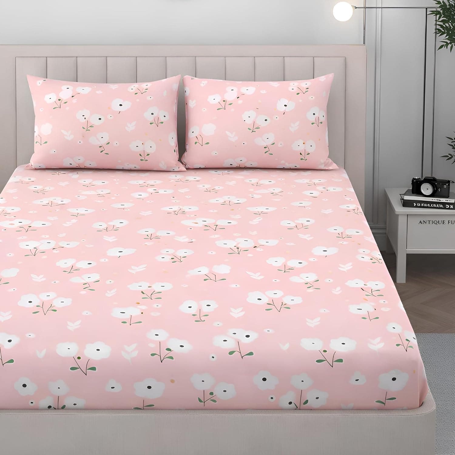 ULOM 350 TC Premium Heavy Cotton Feel Elastic Fitted Bedsheet Queen Size with 2 Pillow Covers || Double Bed with All Around Elastic (Pink & Beige, Fitted - Double72x72)