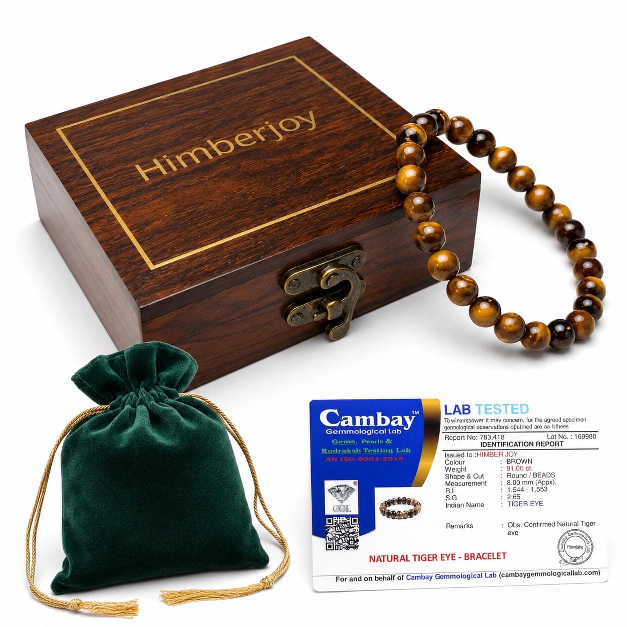 HimberJoy Original Tiger Eye Bracelet for Men & Women Japan Quality Thread - Lab Certified AAA+ Natural Crystal Stone Beads (8mm) - Protection, Confidence & Focus - Sheesham Wood Gift Box Included