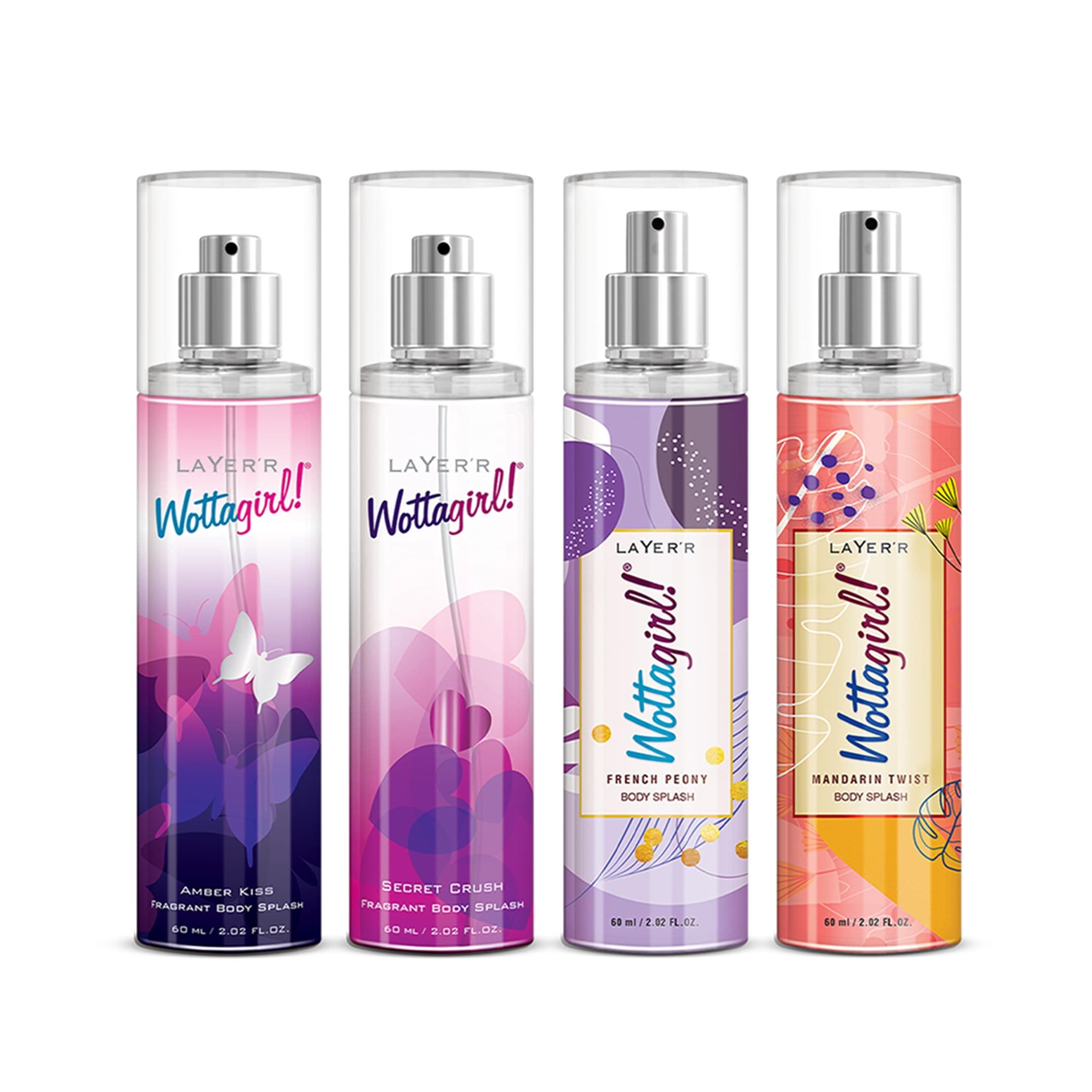 Layer'r Wottagirl 60ml Body Mist Combo for Women, Pack of 4 | Long-lasting fruity, floral & aquatic fragrance collection with citrus, peony, jasmine, musk, vanilla & cedarwood notes.
