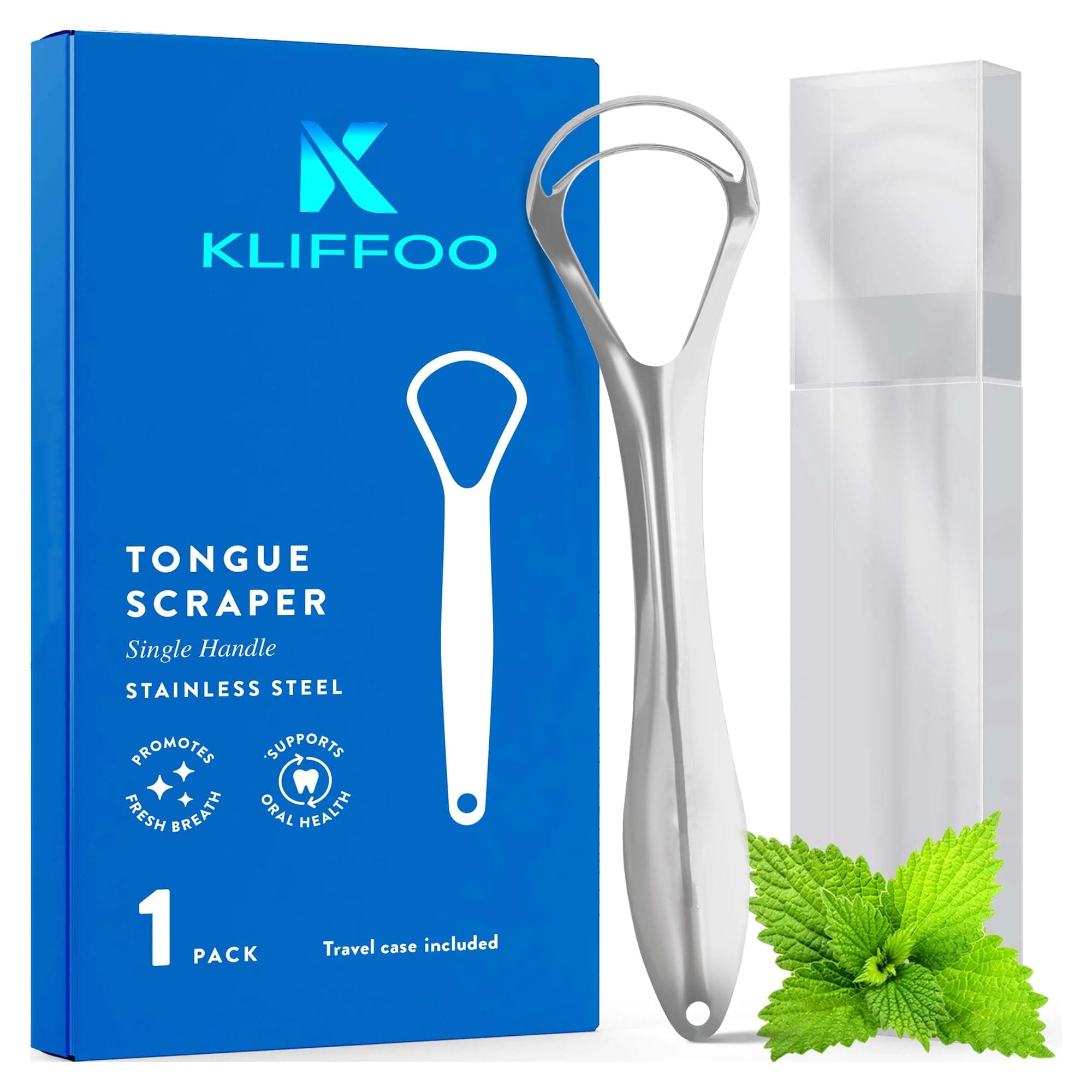 Kliffoo Tongue Cleaner for Adults & Children, 1pcs Dual Scraping Head Tongue Scraper with Case for Hygiene, Fights Bad Breath & Oral Health Care, Deep Clean Tongue Cleaning Tool, Silver (1)