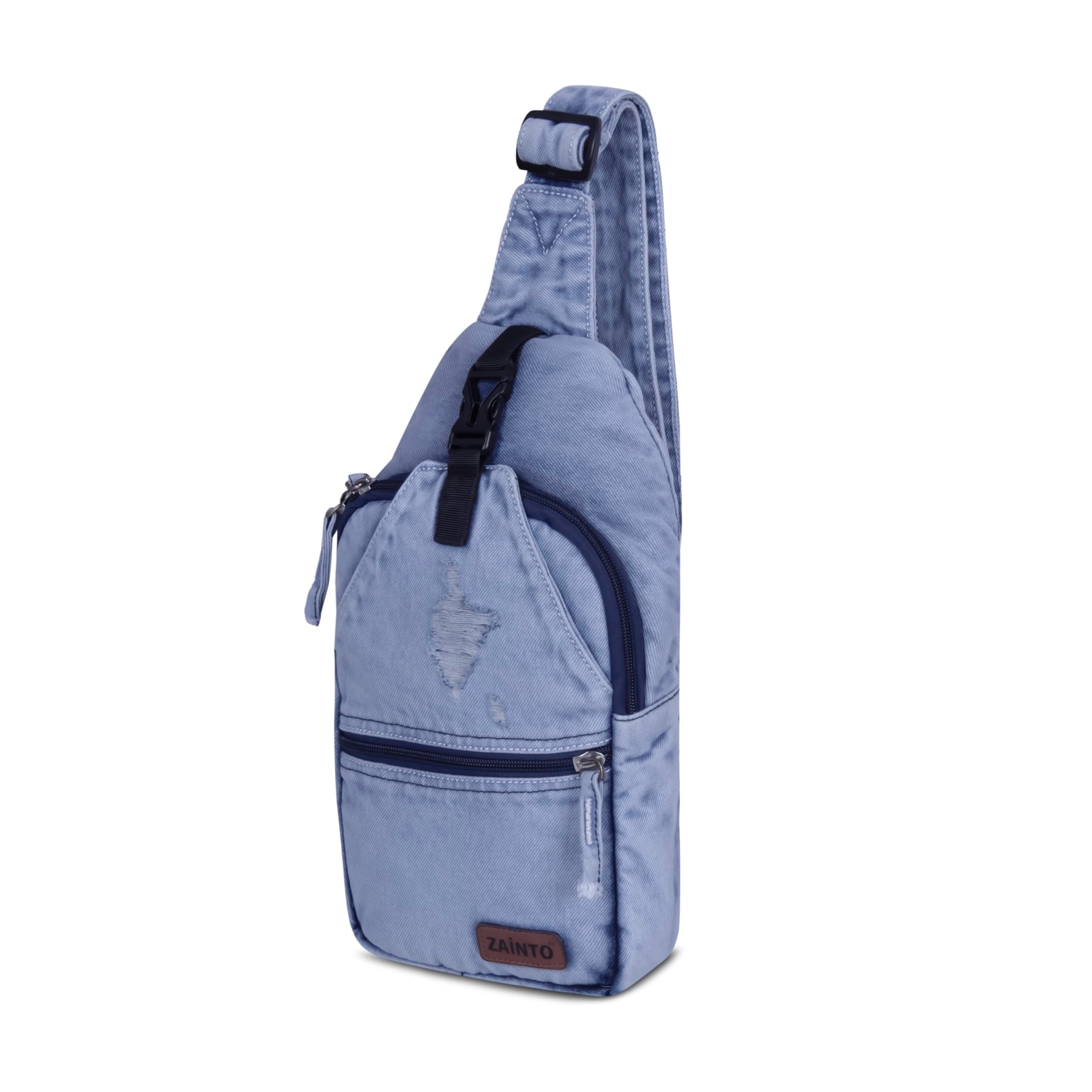 ZAINTO® Slim Denim Crossbody Sling Bag for Men & Boys | Eco-Friendly Chest Pack Fits up to 8″ iPad | Adjustable One-Shoulder Side Pouch with Premium Zippers.