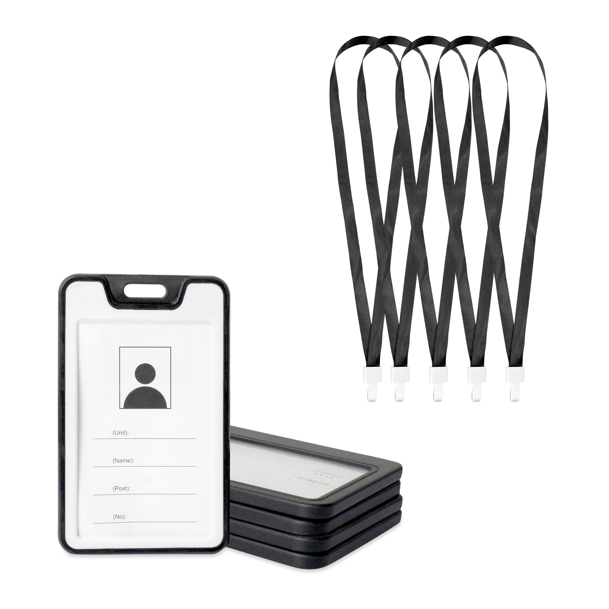 GLUN® Black Vertical Plastic ID Card Holder Case Dual Tone Glosy Finish with 5 Black Premium Straps, Double Sides Visible, Unisex ID Card Holder Case for Office, School and Colleges Pack of 5