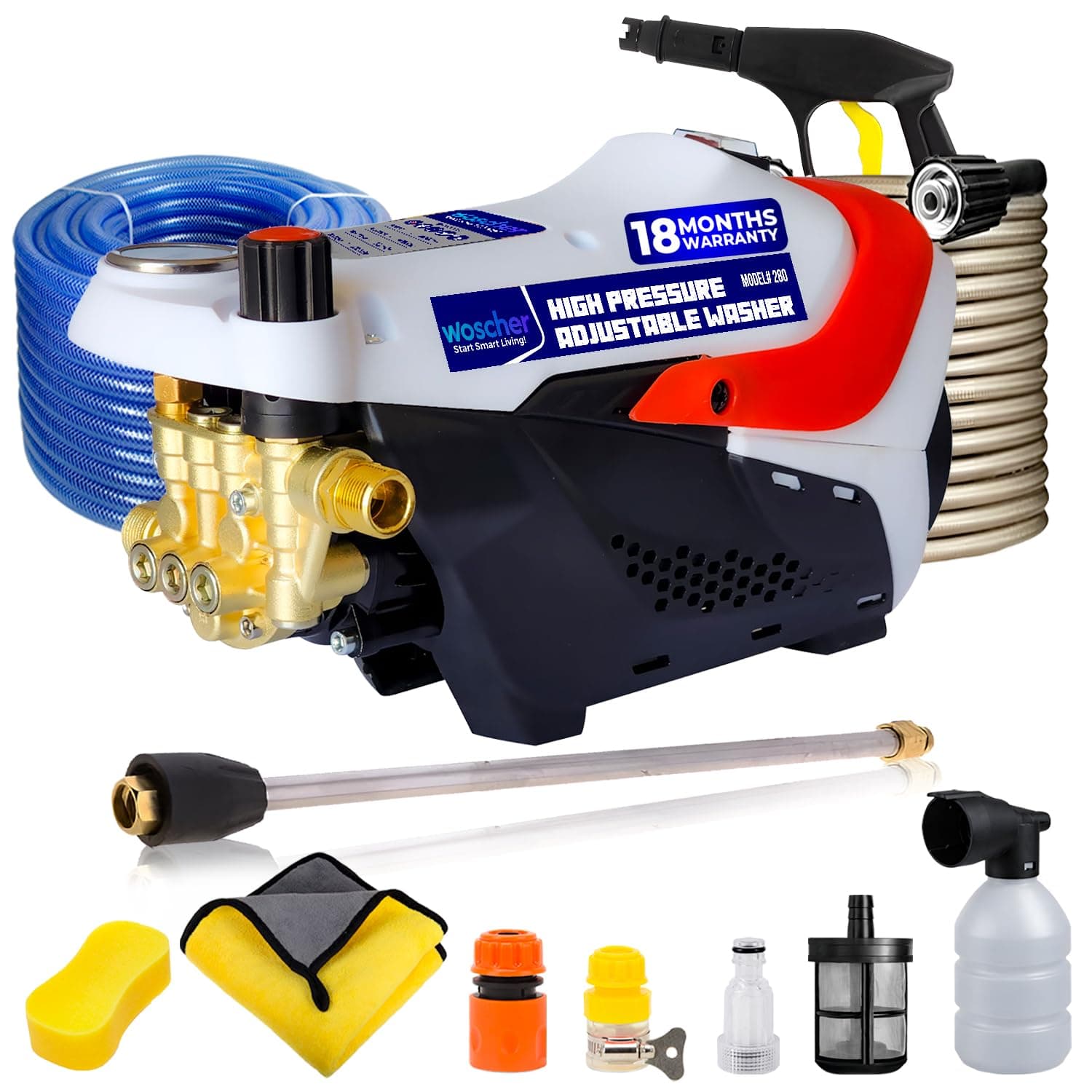 Woscher AquaWash+ Car Washer, Adjustable High Pressure Gun, Washing Pump for Car, Bike and Home Use Cleaning, 18 Months Warranty, 2200 Watts, 160 Bars