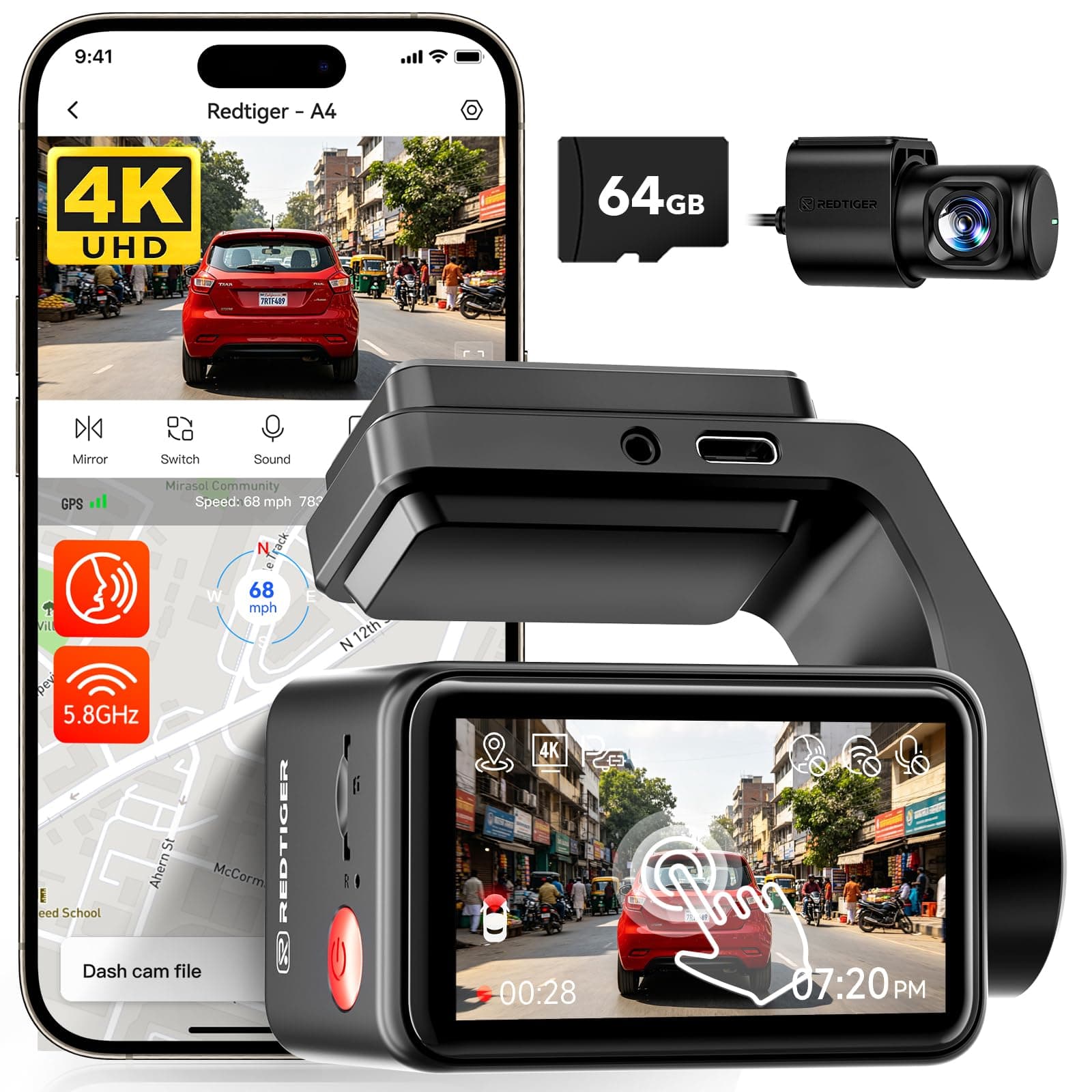 REDTIGER A4 4K+1080P Dual Dash Cam for Car, Clear Night View, 5.8GHz WiFi with App Control, GPS Tracking, Voice Control, Smart Touchscreen, 64GB Card Included, 24H Parking Monitor