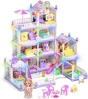 Princess Dollhouse Set, Doll House 4 Floors 12 Rooms,Including 2 Dolls, 2 Pets, 7 Sets of Furniture and Accessories, Birthday, Suitable for 3 to 12 Years Old Girls Dream Dollhouse