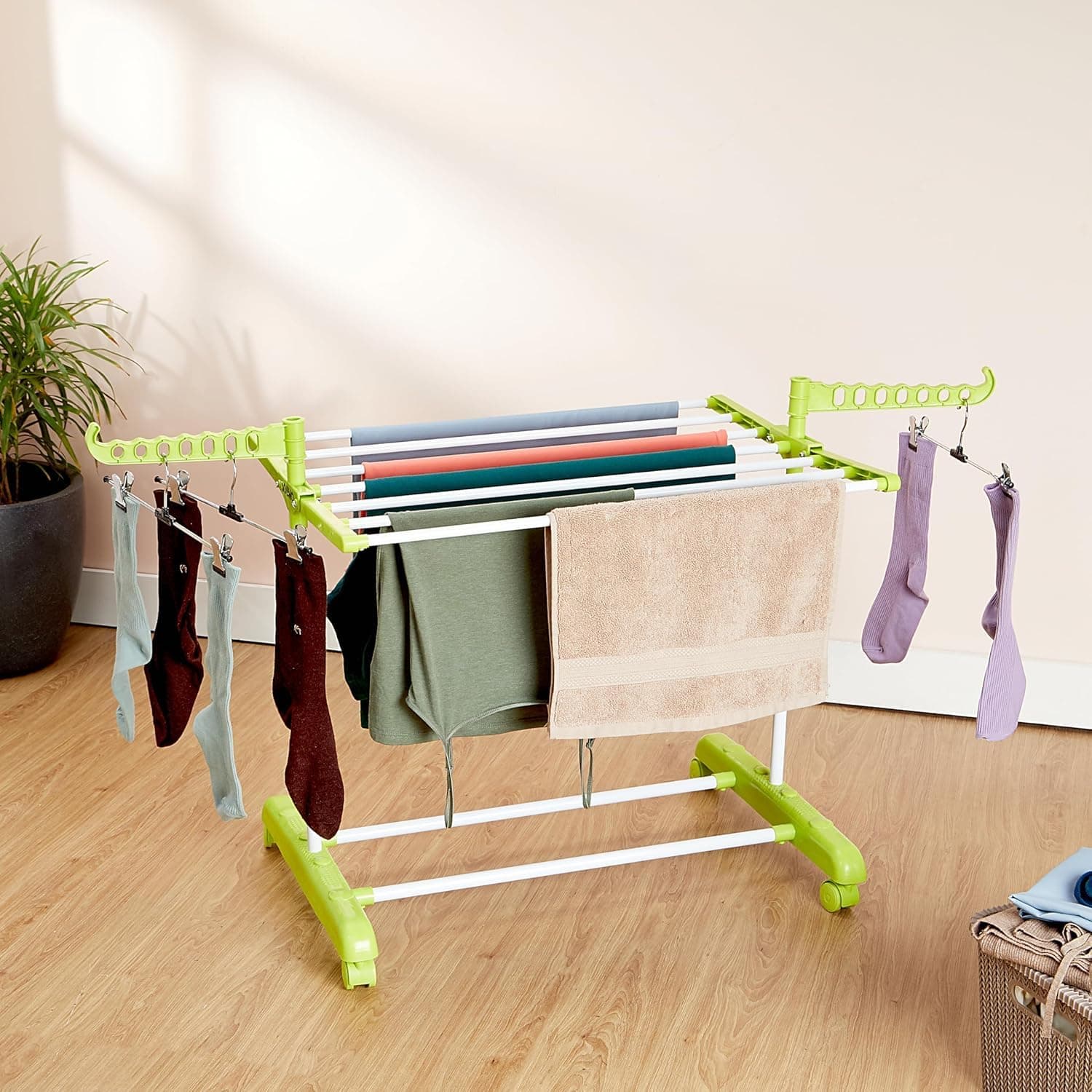 Amazon Brand - Solimo Premium Mild Steel Double Support Cloth Drying Rack | Foldable and Movable | Lightweight | White & Green