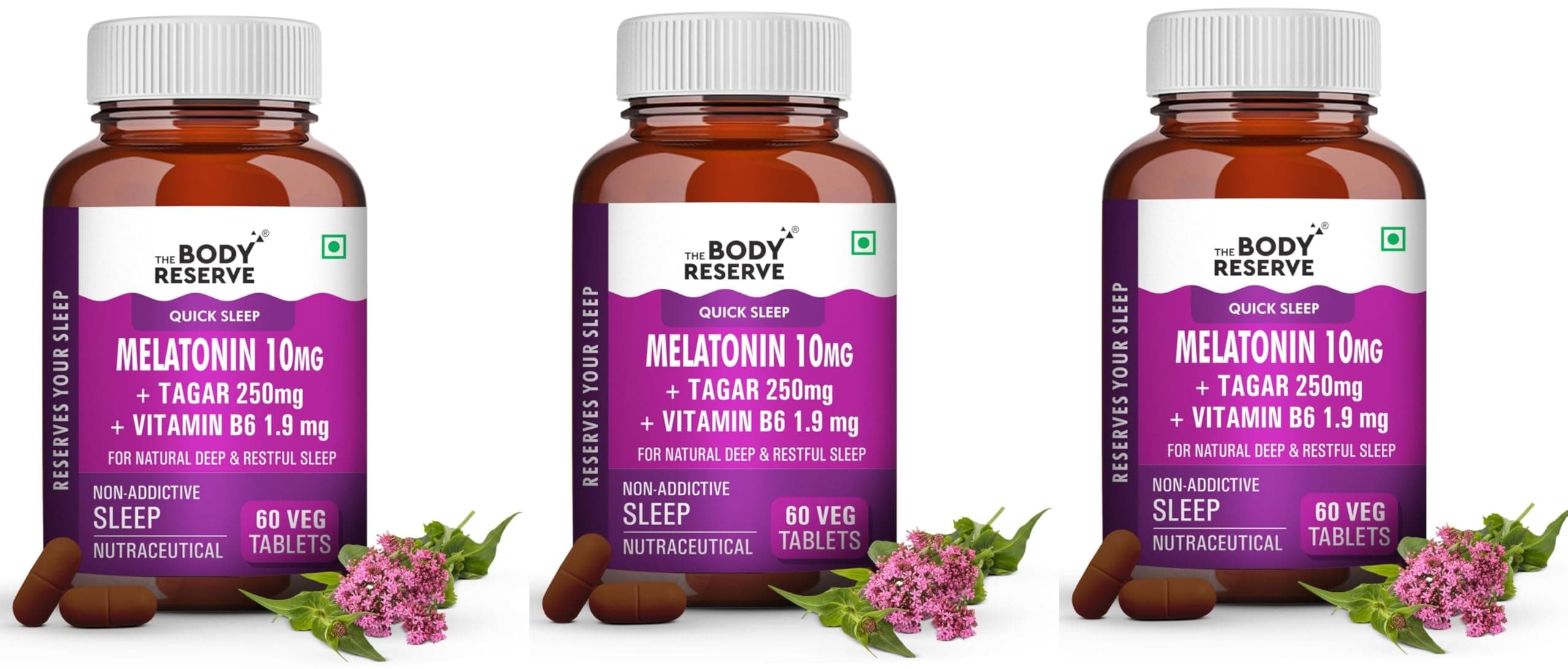 The Body Reserve Melatonin 10mg with Tagar 250mg - 60 Veg Tablets for Natural Sleep Aid, Muscle Recovery, Nerve Relaxation, and Stress Relief - Non-Habit Forming Sleep Aid for Men & Women, Pack of 3