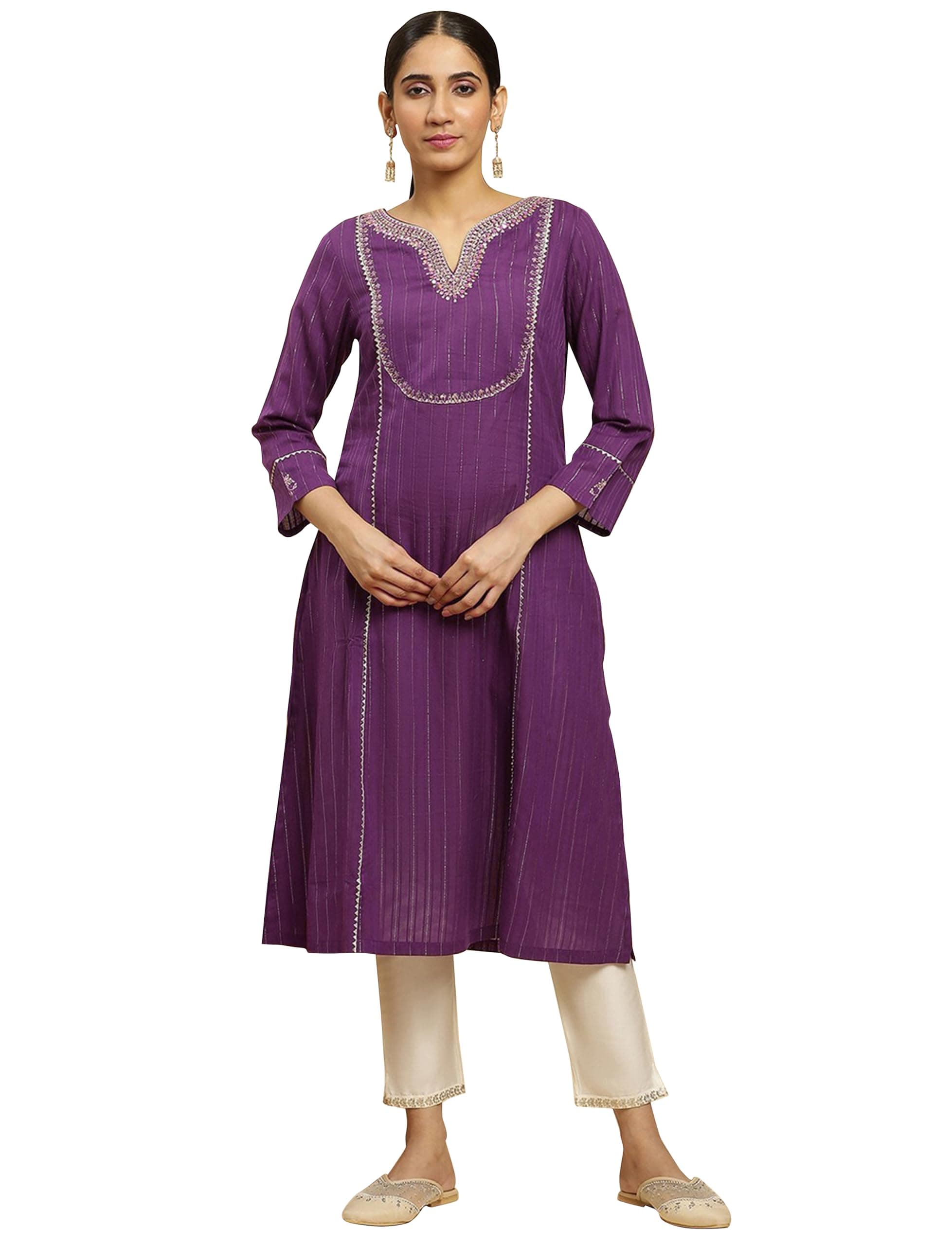 TRENDMALLS Women's Cotton Embroidery Kurti 3/4 Sleeve Calf Length Stright Kurti for Women