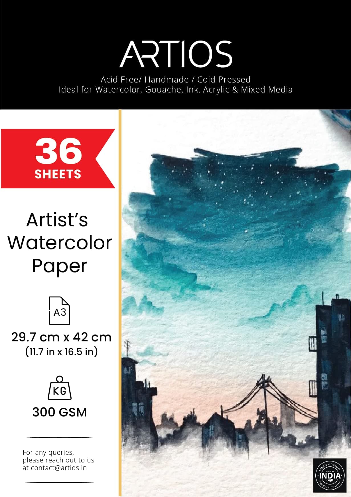 ARTIOS Artists' Watercolor Paper A3 300 GSM - 100% Cotton, Cold-Pressed, Acid-Free, Handmade Water Colour Papers for Watercolour, Acrylic, Gouache, Ink & Mixed Media, 36 Sheets