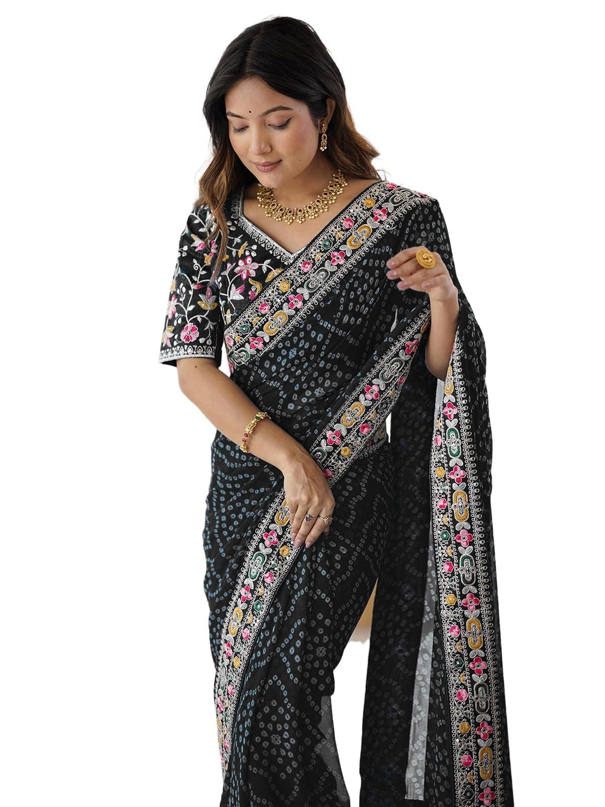 Satrani Women's Georgette Bandhani Printed Sequin Embroidery Saree with Unstitched Blouse Piece
