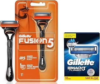 Gillette Mach Turbo 3 Shaving Blades- Pack of 10 (Cartridges) & Gillette Fusion Manual Razor for Men for Perfect Shave and Perfect Beard Shape