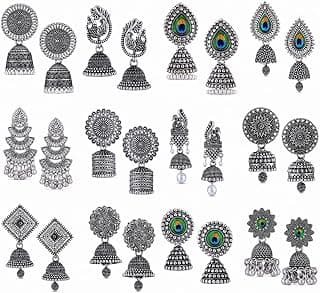 MEENAZ 12 Pair earrings for women Stylish fashion jhumka oxidised Silver Earrings for women Combo chandbali pearl chandbali stylish jhumkas traditional Earrings For girls South indian traditional Ear Rings -M879
