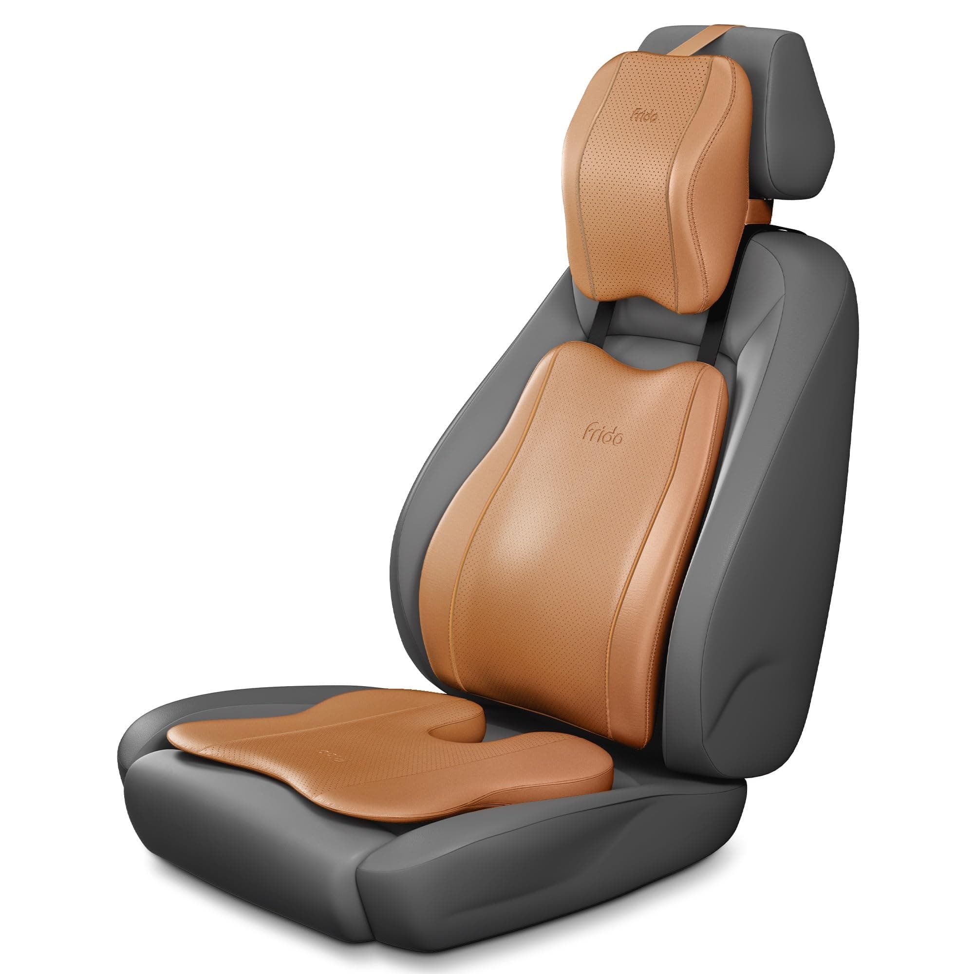 Frido Premium Car Comfort Bundle with Memory Foam Neck Rest, Lumbar Backrest and Wedge Seat Cushion Set of 3, Ergonomic Neck Back and Tailbone Support for Long Drives and Daily Commutes | Tan