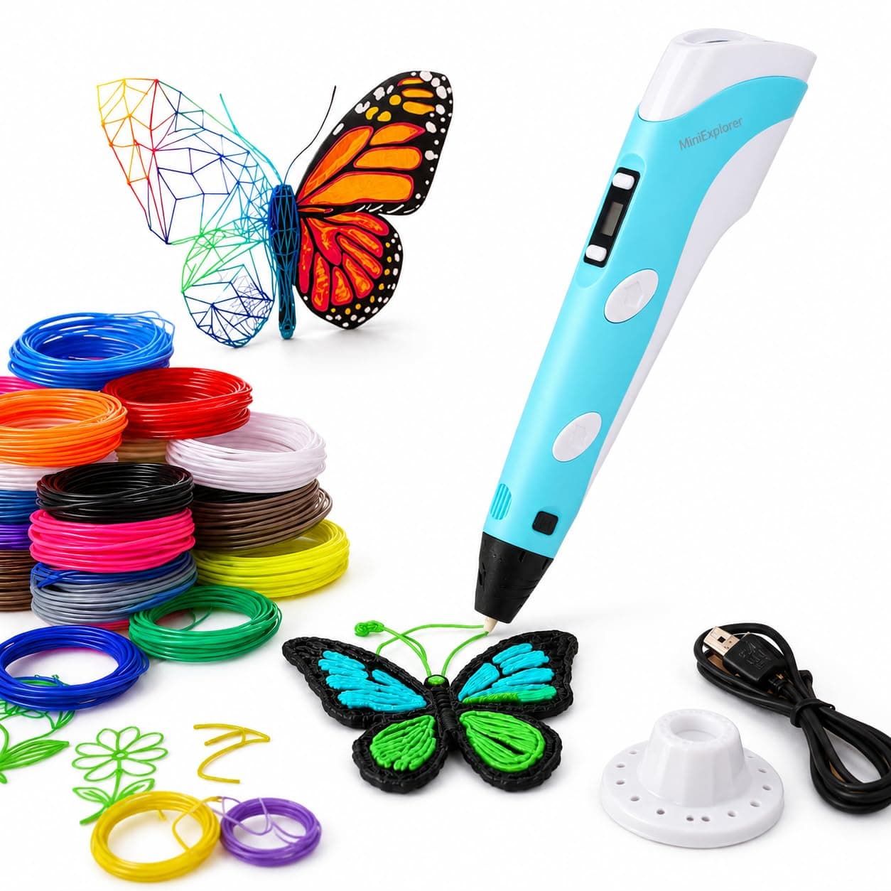 MiniExplorer 3D Pen with Adapter| 3D Pen for Kids| 3D Pen with 3 * 1.75MM PLA Filaments 10m Each| 3D Printing Pen | 3D Pen Set with PLA Filament Included - Ready to Create
