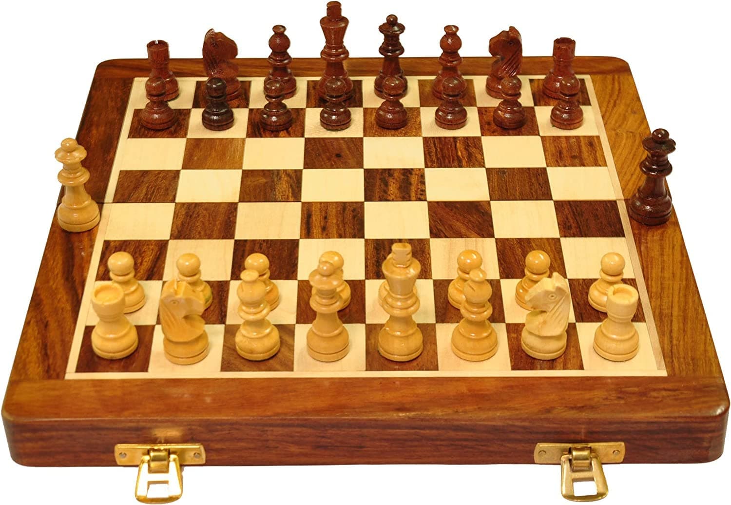 PALM ROYAL HANDICRAFTS 10 Inches Wooden Handmade Foldable Magnetic Chess Board Set with Magnetic Pieces and Extra Queens for 2 Players Kids and Adults (10x10 Inches, Brown)