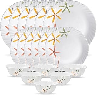 La Opala Novo Collection Opal Glass Crockery | for Family of 6 | Dinner Set 18 pcs Autumn Flower | Plates & Bowls for Dining | Microwave Safe | 100% Vegetarian | Extra Strong | Light & White