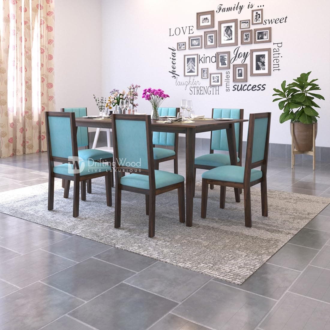 DRIFTINGWOOD Tiya Solid Sheesham Wood Dining Table 6 Seater | Wooden Six Seater Dinning Table with Cushion Chairs | Dinner Table 6 Seater | Dining Room Sets | Self Assembly, Walnut Finish