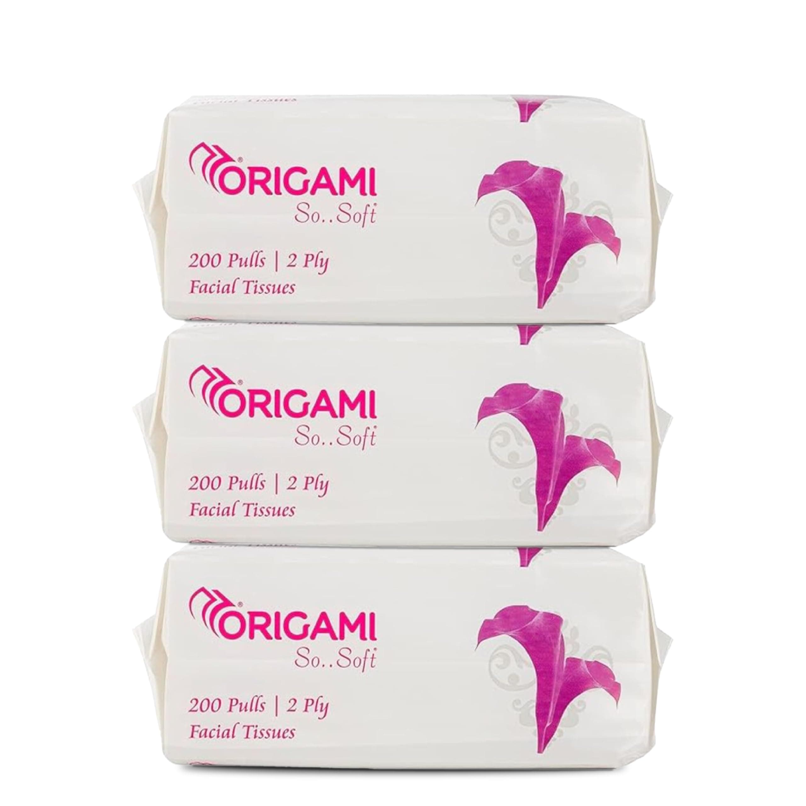 Origami So Soft 2 Ply Facial Tissue Pack | Ultra Soft, Skin Friendly & Highly Absorbent Face Tissues | Multipurpose Car, Home & Office Use | Pack of 3 (200 Pulls Per Pouch, 600 Sheets)
