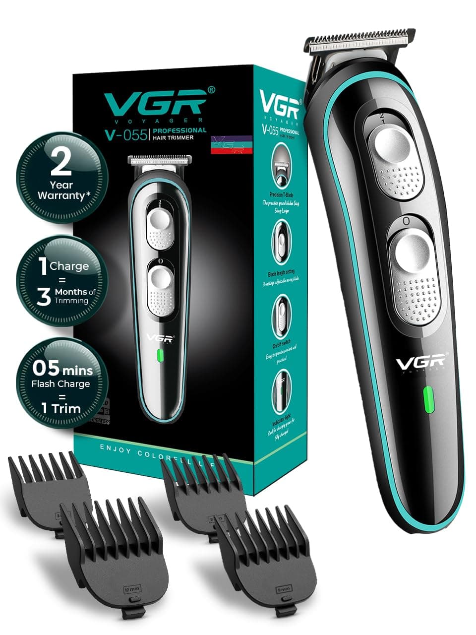 VGR V-055 Professional Hair Trimmer for Men | Cordless & Corded Beard and Hair Clipper | Adjustable T-Blade | 4 Guide Combs | 120-Minute Runtime | USB Charging | 1+1 Year Warranty (Black)