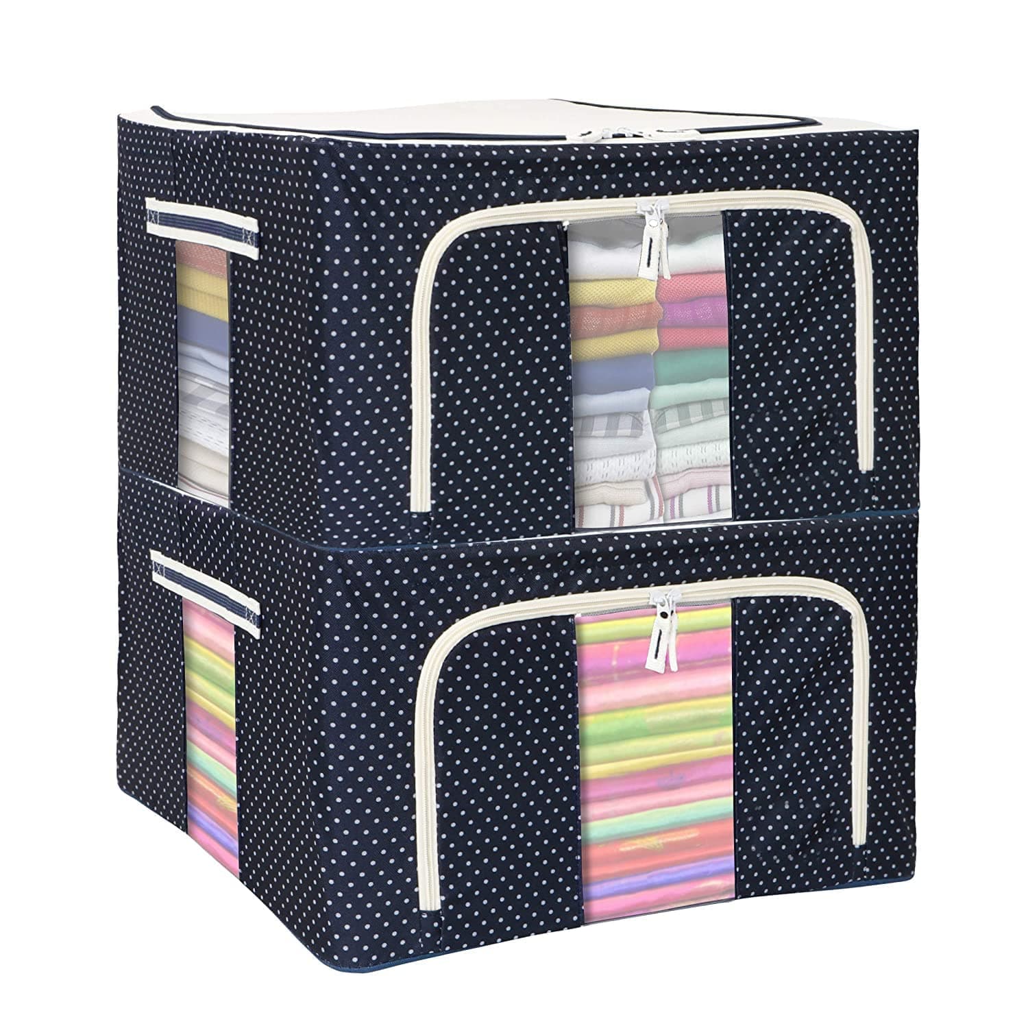 DAREV 2 PCS Closet Organizers and Storage Bins Foldable Metal Frame Storage Box with Zippers & Clear Window for Organizing Clothing (66L, Blue)
