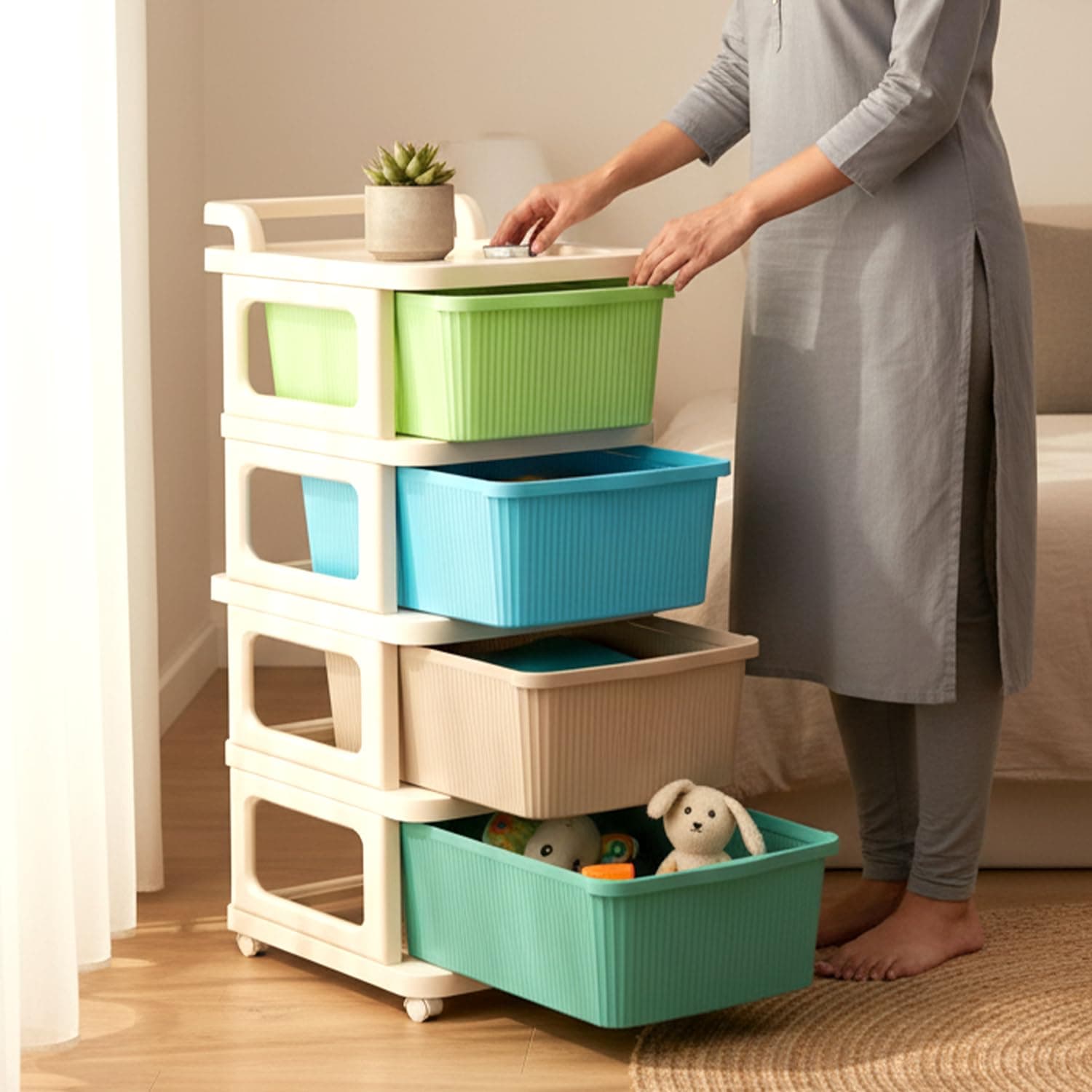 BabyPro 4 Layer Plastic Drawer Organiser with Wheels, Storage Cabinet | For Modular Storage, Durable, Portable, Multi-Purpose Chest of Drawer