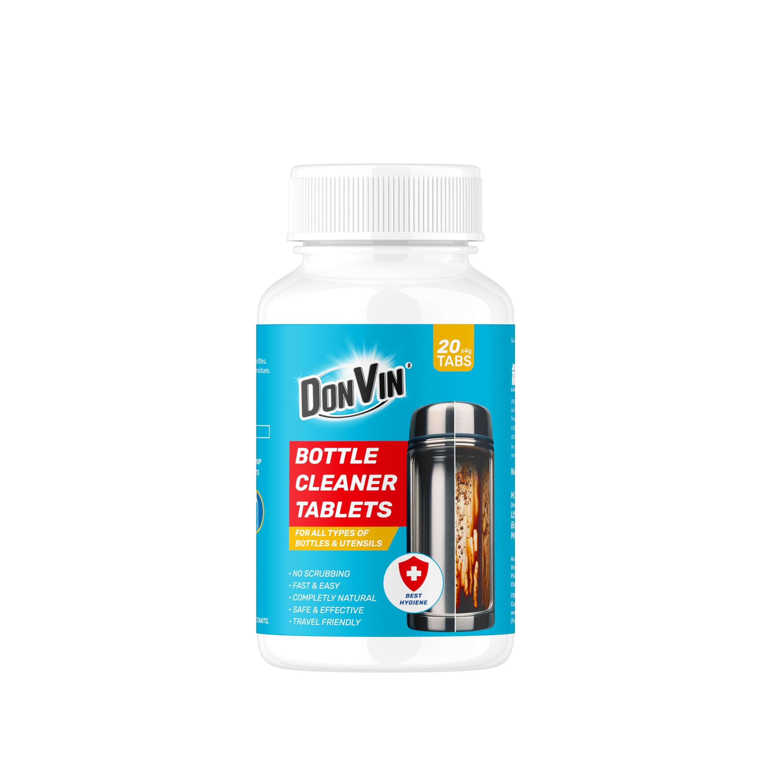 DONVIN Bottle Cleaner Tablets (20 x 4g) | Safe for Stainless Steel, Plastic, Ceramic & Glass | Powerful Stain Removal & Odor Elimination | Eco-Friendly, Non-Toxic, Easy to Use