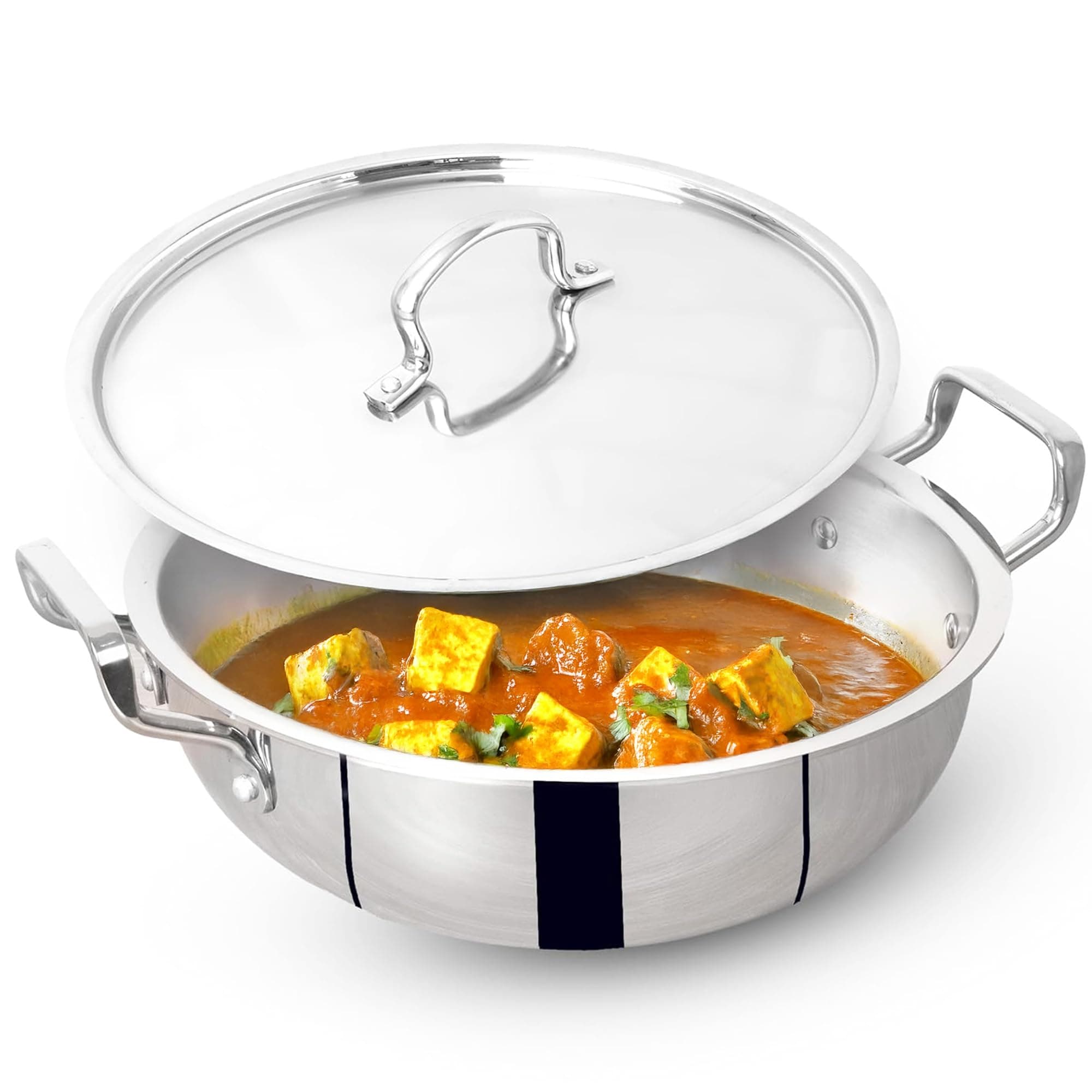 The Indus Valley Triply Stainless Steel Deep Kadai/Kadhai 5 LTR with Stainless Steel Lid | 28 cm/11.02 inch, 2.29kg | Induction Friendly | Nonstick 3-Layer Body, 100% Pure & Toxin-Free