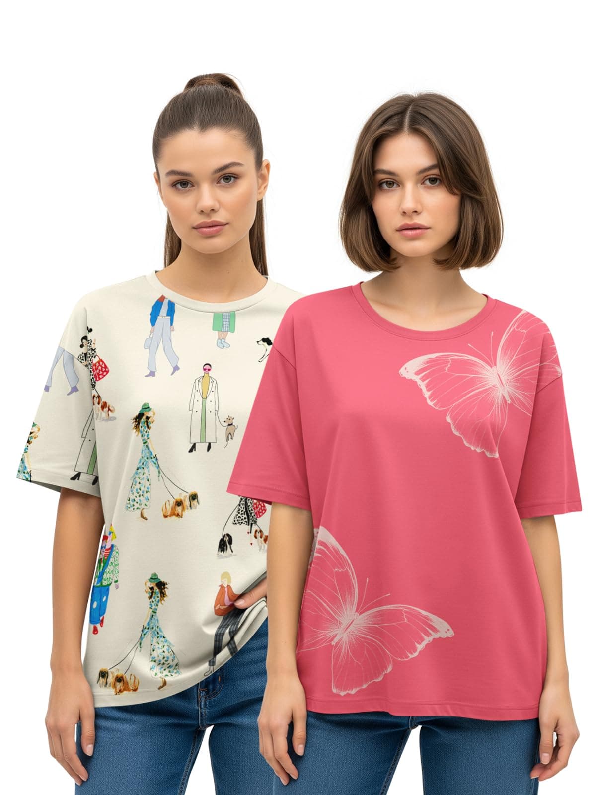 HELLCAT Multicolor Printed Oversized T-Shirt for Women |Pack of 2 T-Shirt