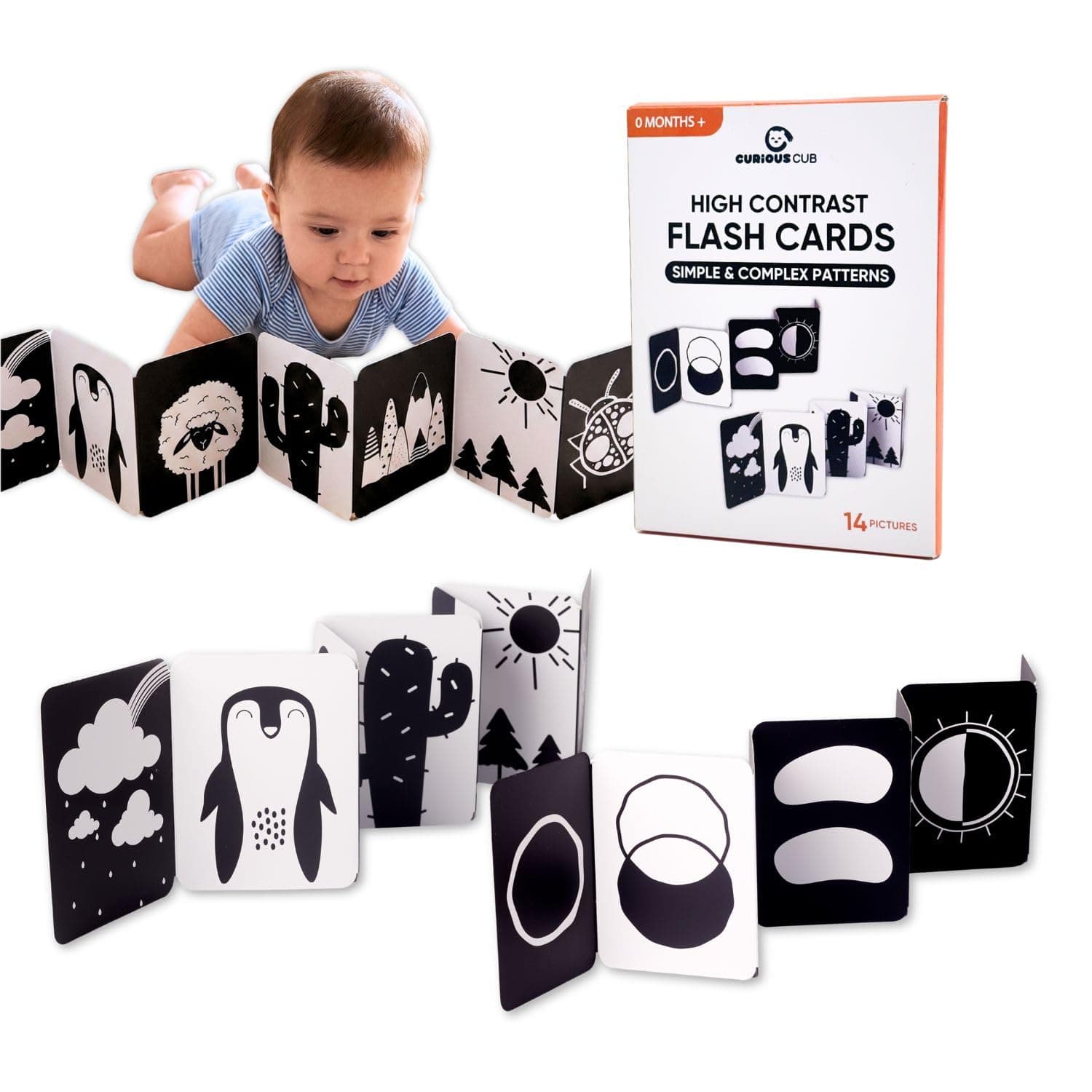 Curious Cub High Contrast Flash Cards for New Born Baby 0-3 Months | Black & White Visual Stimulation Cards | Tummy Time Sensory Toys | Montessori Newborn Baby Gift 0-12 Months