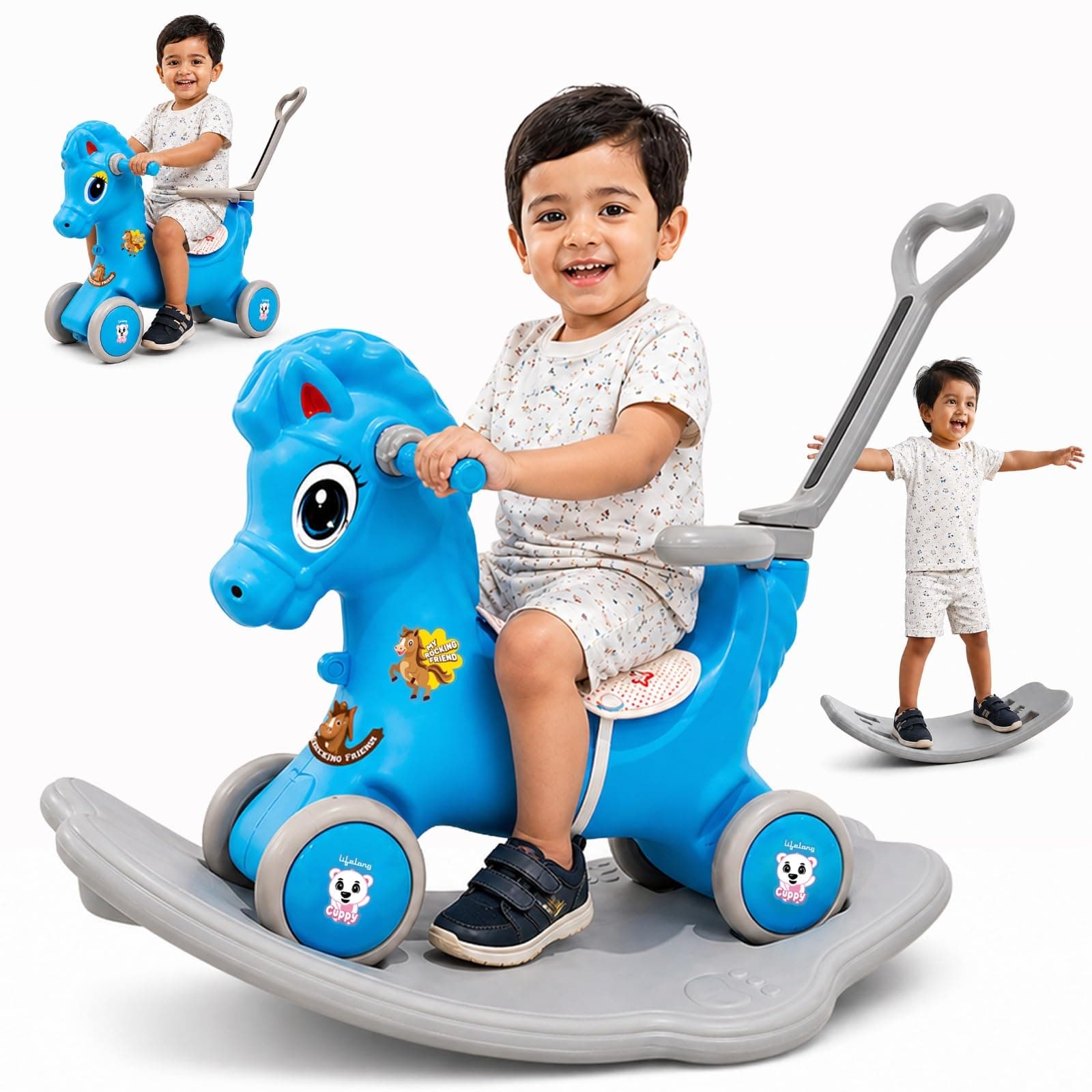 Lifelong 3-in-1 Horse Ride On for Kids 1-5 Years | Balance, Rock & Ride Modes with Safety Belt & Backrest | Parental Handle, Wide Anti-Slip Base | Non-Toxic PE Body Toy (LLCRK02)