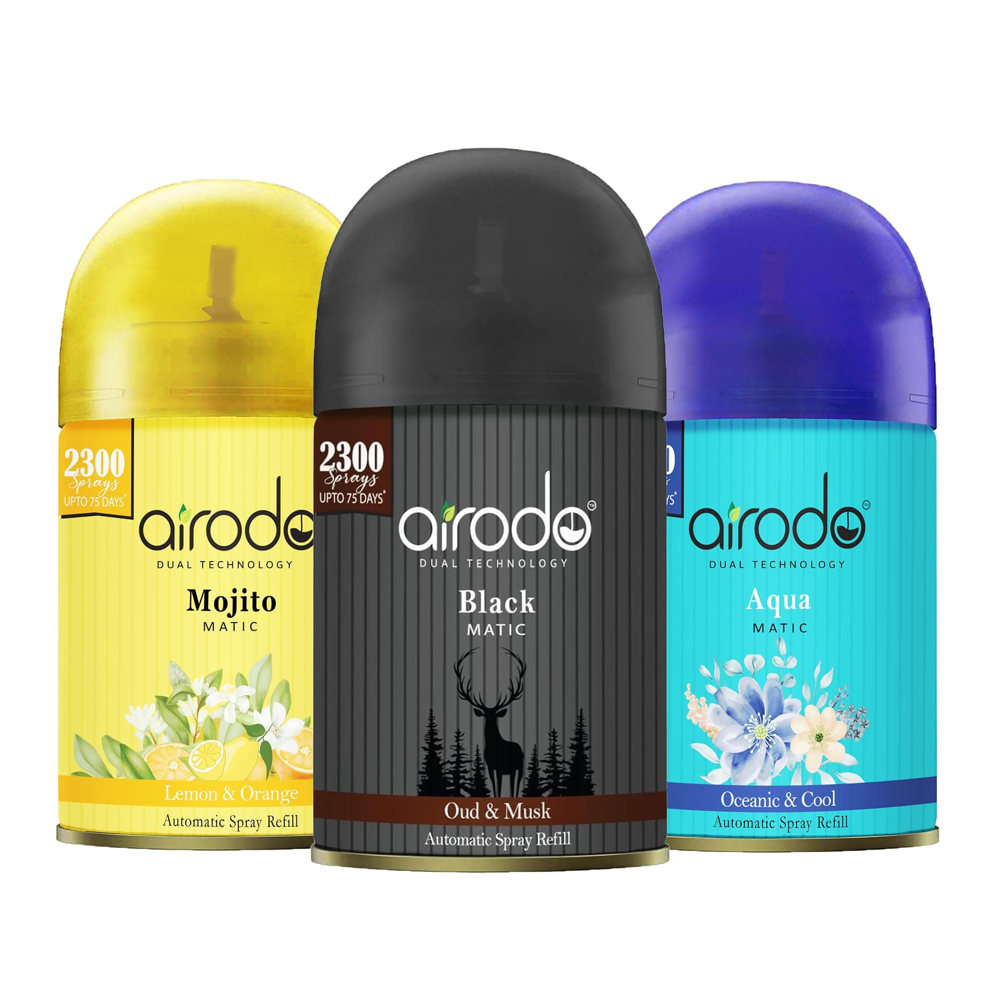 Airodo Automatic Room Fresheners Refill Air Matic Boost Home Fragrance with 2300 Sprays Each Bottle Aqua,Mojito,Black Pack of 3