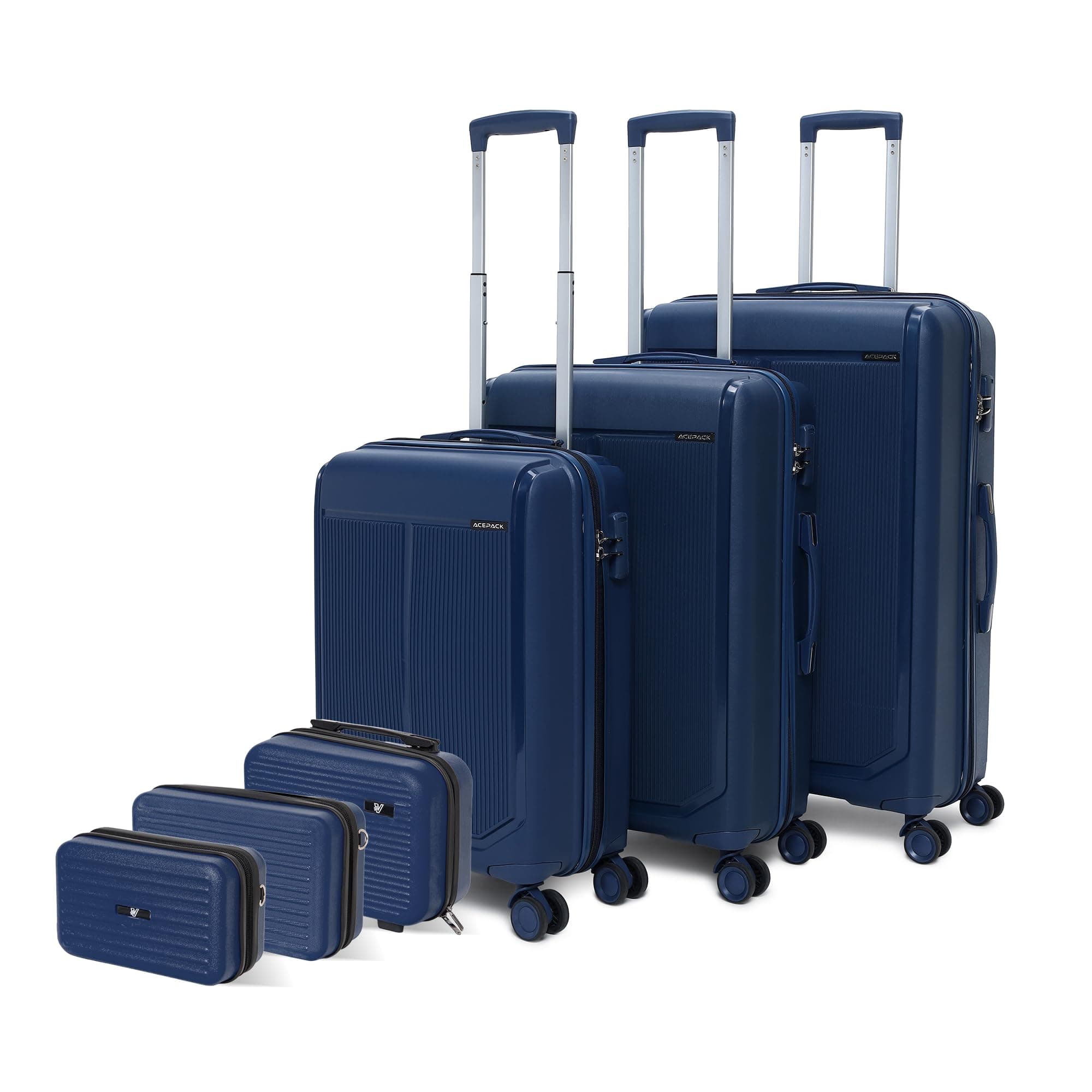 ACEPACK Megatron 6-Pcs Family Luggage Set with Vanity Cases | Polypropylene Hard Shell Suitcase Set of 3 (Cabin, Medium, Large) + 3 Vanity Cases | Anti-Theft Zipper, Combination Lock, Spinner Wheels