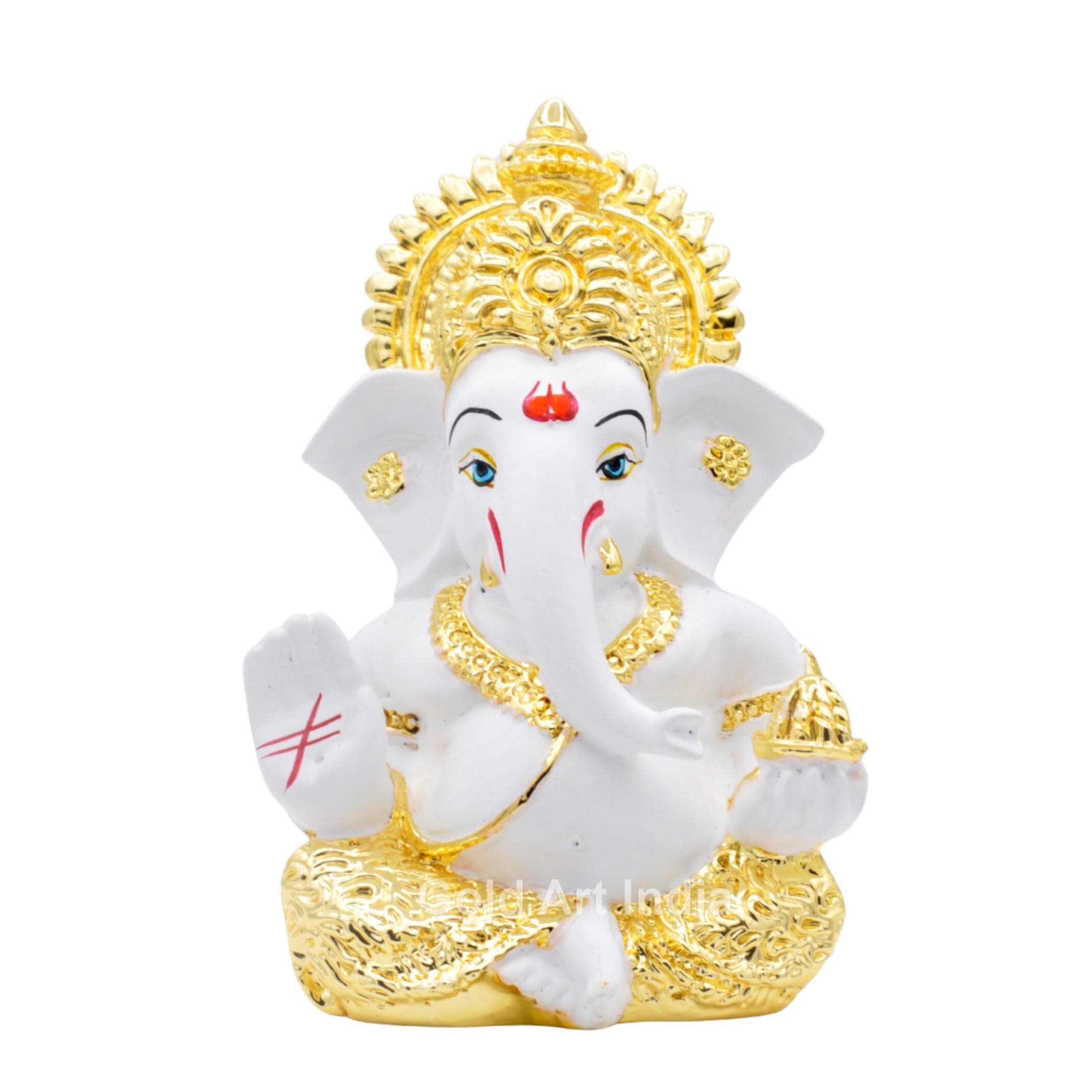 Gold Art India Gold Plated Ganesh Idol for Car Dashboard God Ganesha Idol for Home Decor Ganpati for Gift Home Office Table Shelves Diwali Gifting 3.5 Inches Gold White Mukut